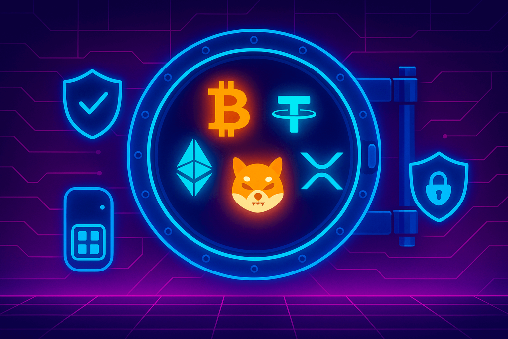 Neon cyberpunk vector illustration of a glowing digital vault door revealing cryptocurrency icons inside, including Bitcoin, Ethereum, Tether, Shiba Inu, and XRP. Surrounding the vault are protective shields with symbols of a checkmark, padlock, and gavel, representing trust, security, and regulation. The background features a purple and magenta digital circuit-board grid.