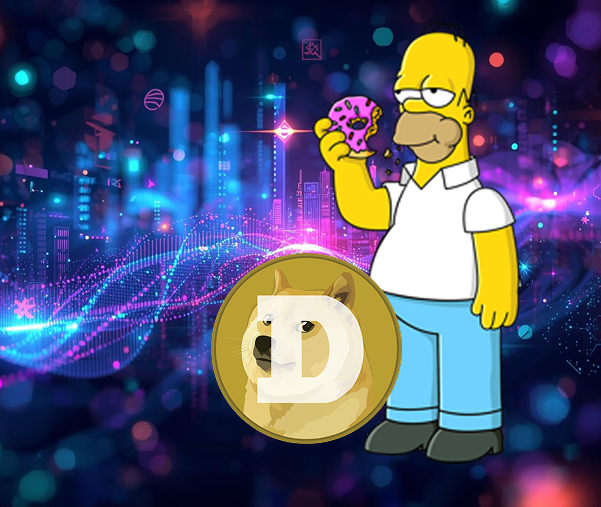 Homer Simpson, holding a partially eaten pink donut, stands next to a prominent Dogecoin (DOGE) logo featuring the Shiba Inu dog. The backdrop is a vibrant, futuristic digital city, perhaps implying a more lighthearted or meme-driven aspect of the crypto market.