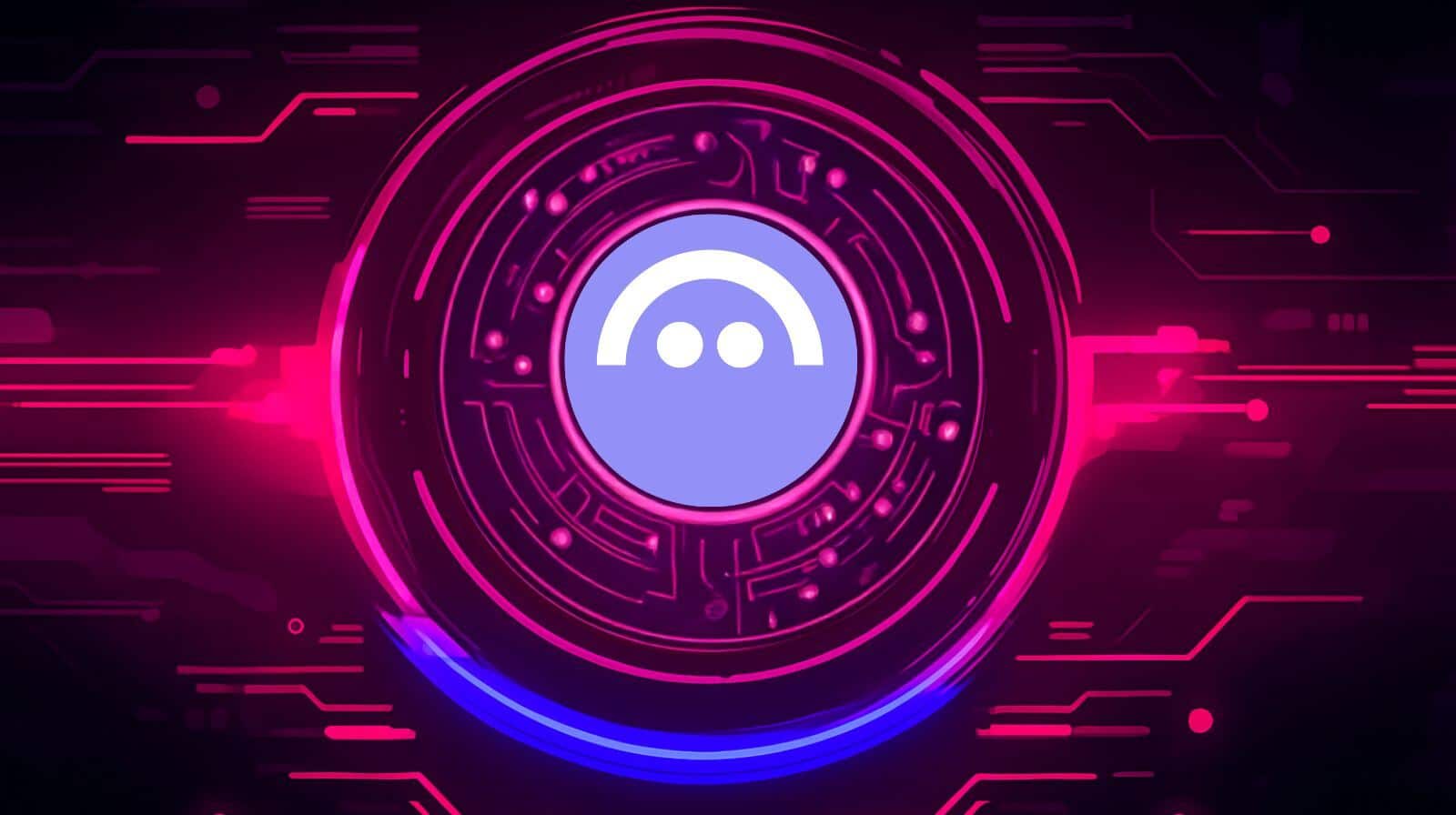 Digital illustration featuring the Aave cryptocurrency logo centered within a glowing futuristic circuit pattern illuminated by pink and blue neon lights on a dark background.