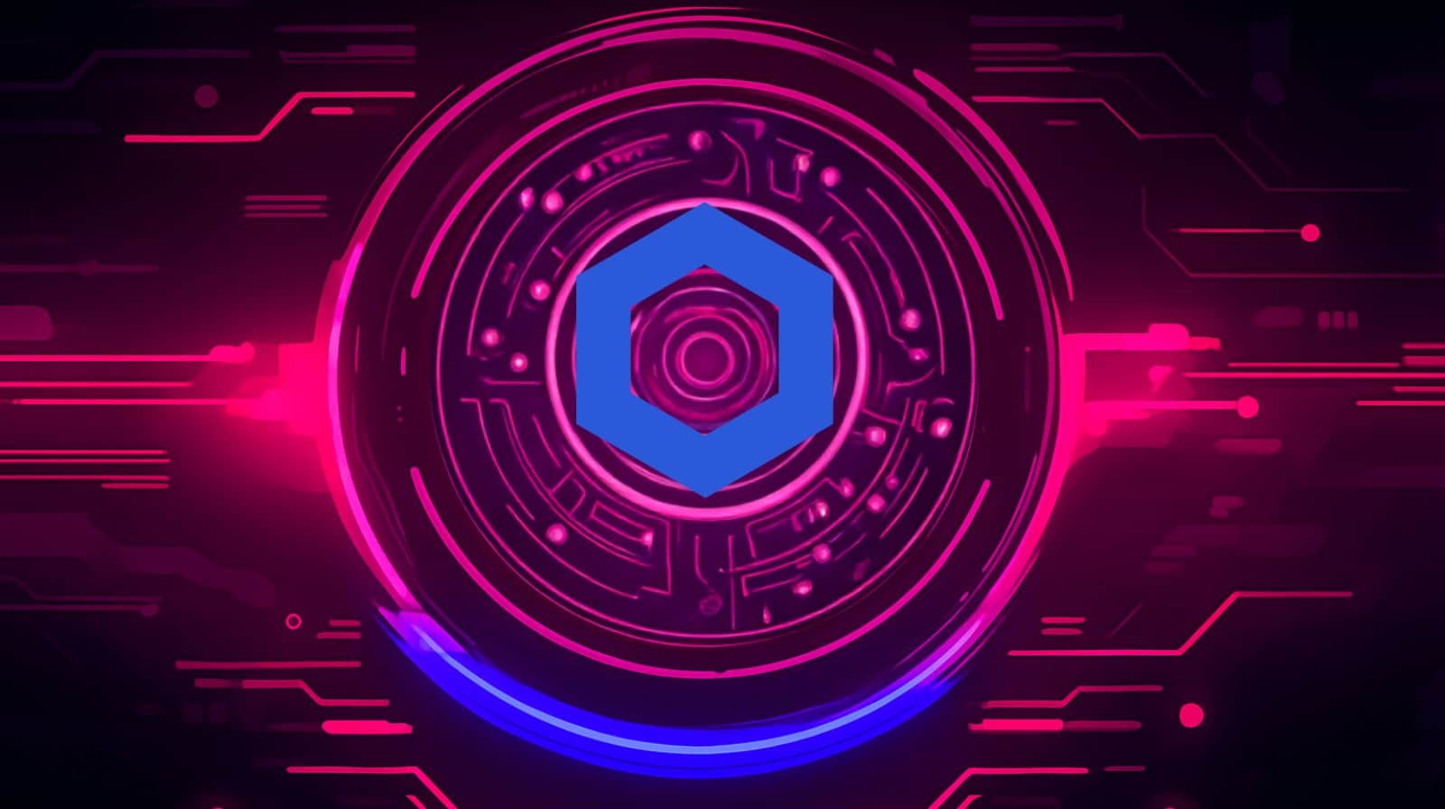 A futuristic digital artwork featuring the Chainlink logo in blue at the center of a glowing pink circular circuit design on a dark tech background.