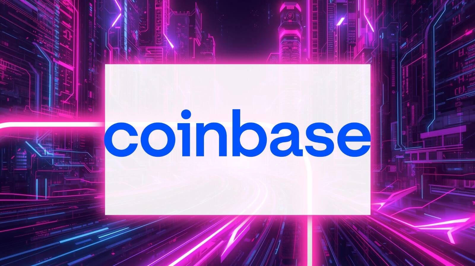 Coinbase logo displayed at the center of a futuristic digital background with neon lights, representing the cryptocurrency exchange platform.