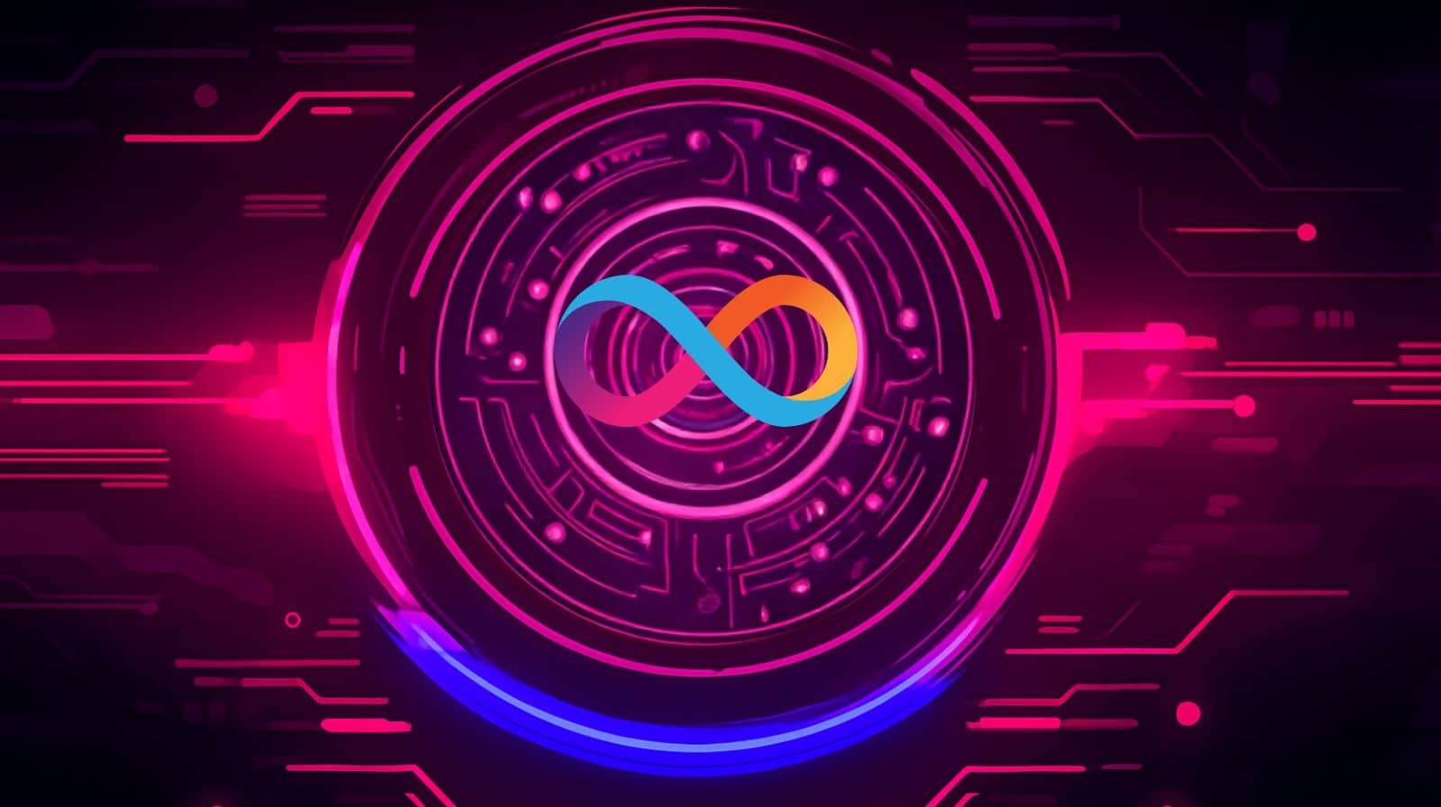 Futuristic neon digital artwork featuring the Internet Computer (ICP) infinity logo at the center of a glowing pink and blue circular circuit design on a dark background.