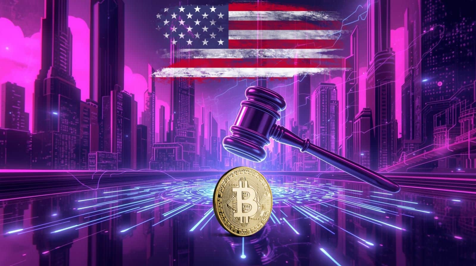 A gold Bitcoin coin and a judge's gavel set against a futuristic, neon pink and blue cityscape, with the American flag overlaying the sky. The image symbolizes US law and cryptocurrency regulation.