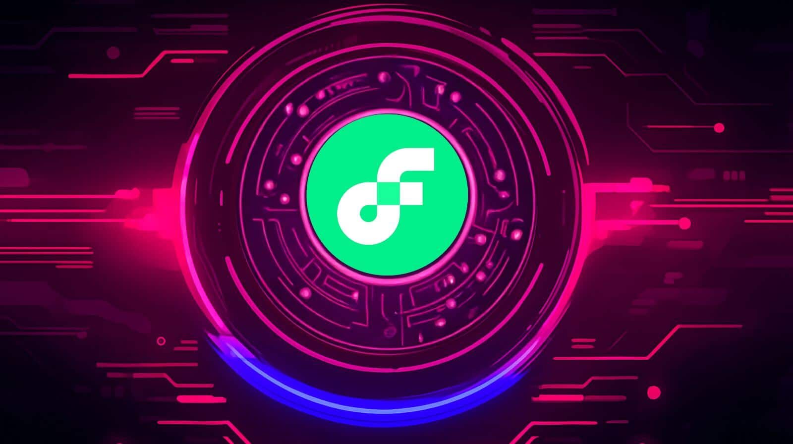 A digital illustration showing the Flow blockchain logo in the center of a glowing pink and blue futuristic circuit design.