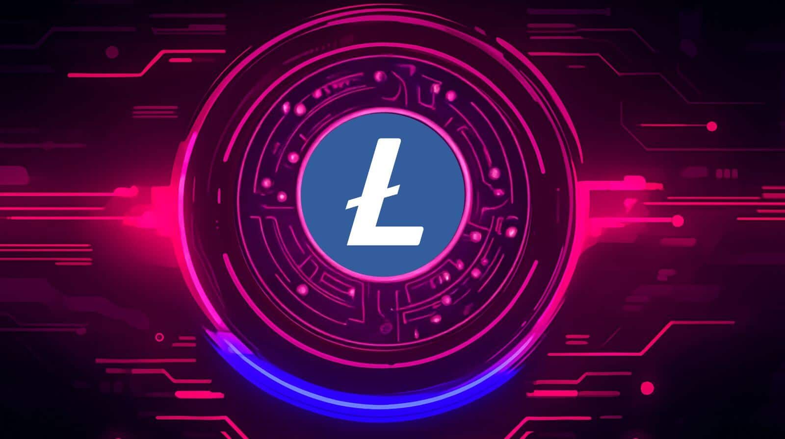 A futuristic digital artwork featuring the Litecoin (LTC) logo centered within glowing pink and blue neon circuitry on a dark background.