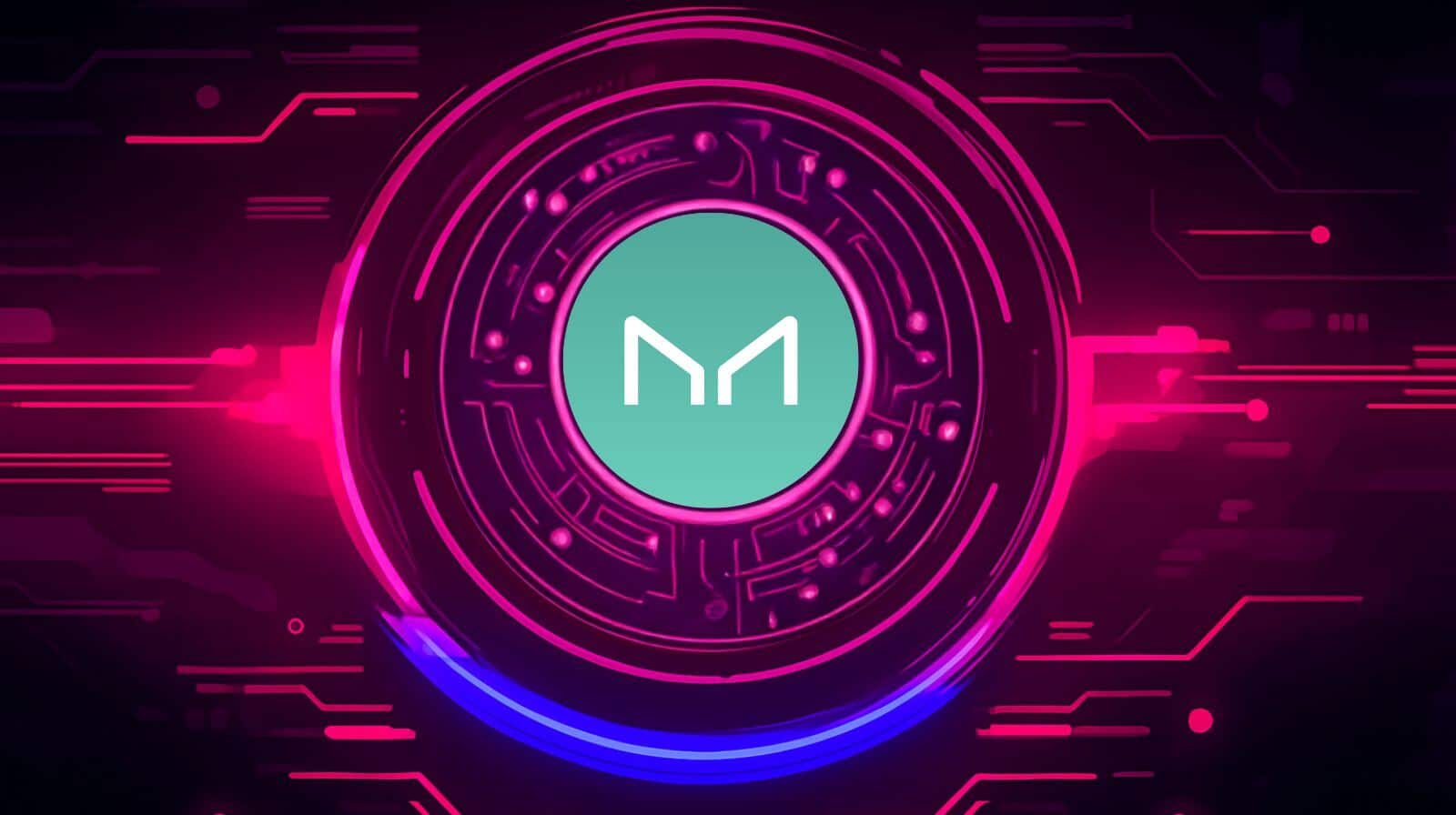 Digital artwork featuring the Maker (MKR) cryptocurrency logo in the center of a glowing futuristic circuit design with pink and blue neon lights on a dark background.