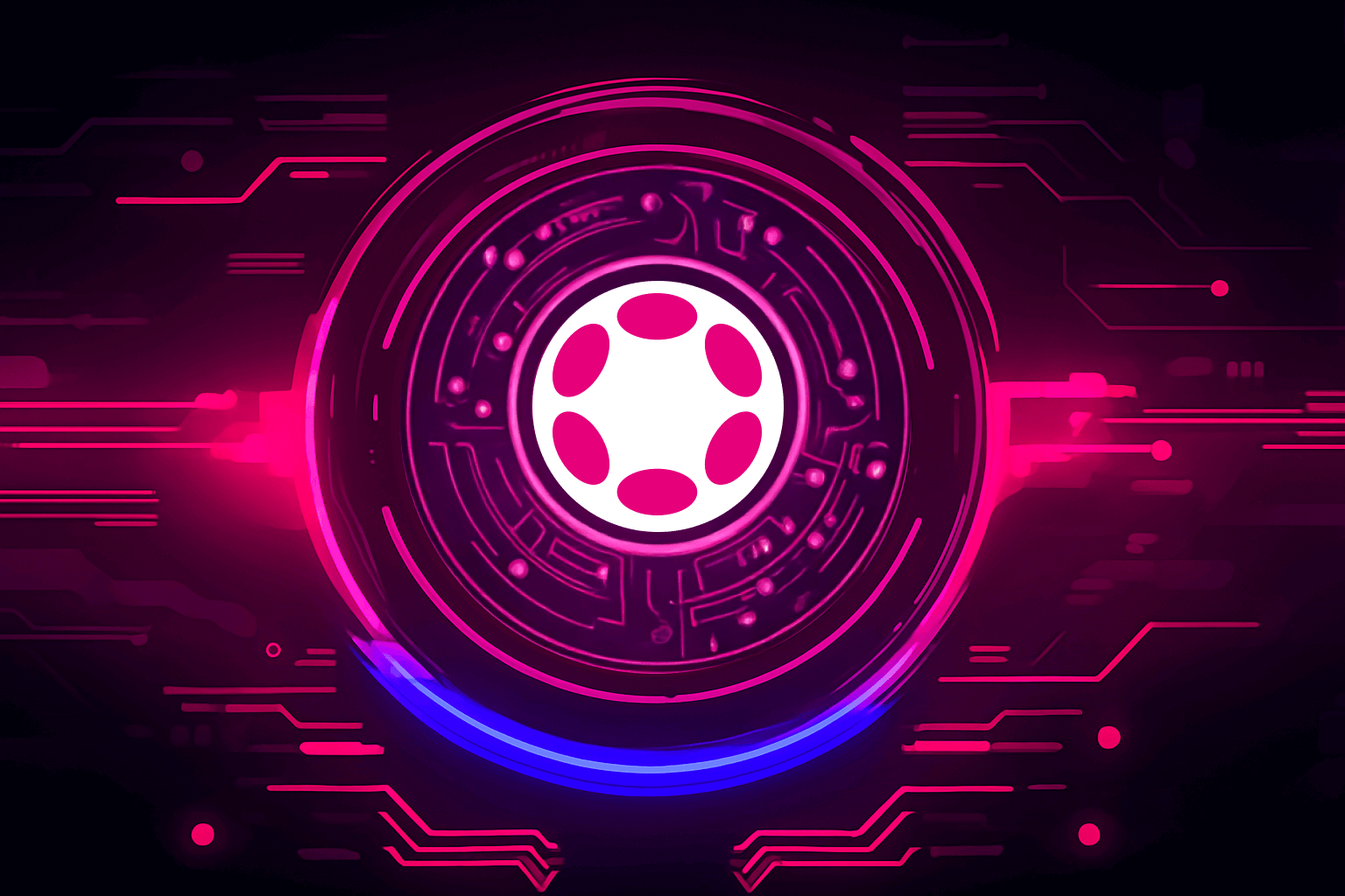 A neon-style digital illustration shows the Polkadot crypto coin logo, a white circle with five magenta dots, at the center of a glowing, futuristic interface. The design is set against a dark background with vibrant pink and purple circuit board patterns, highlighting the interoperable digital currency.