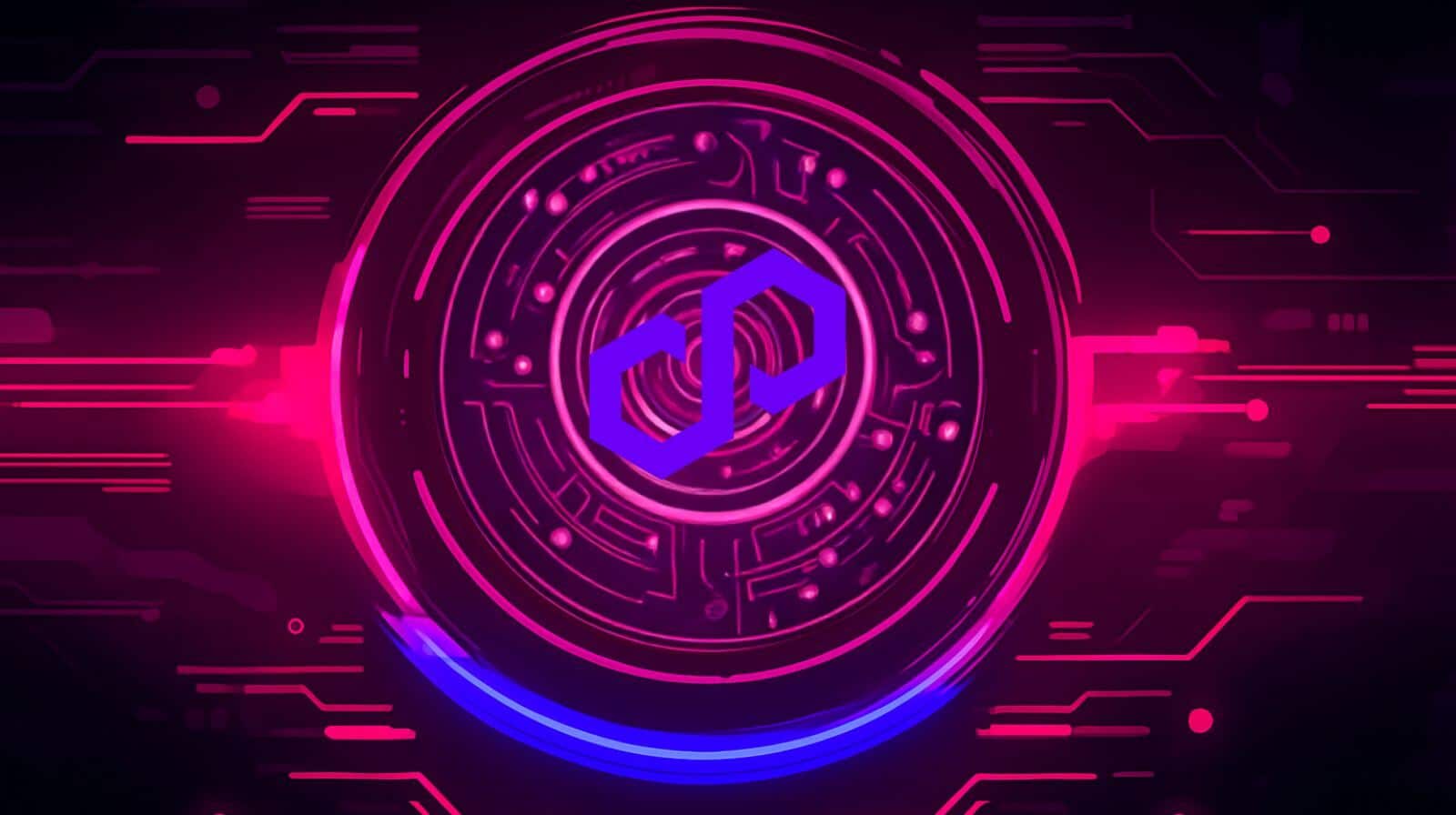 A glowing digital illustration of the Polygon (MATIC) cryptocurrency logo in purple, centered on a futuristic pink and blue circuit background.polygon