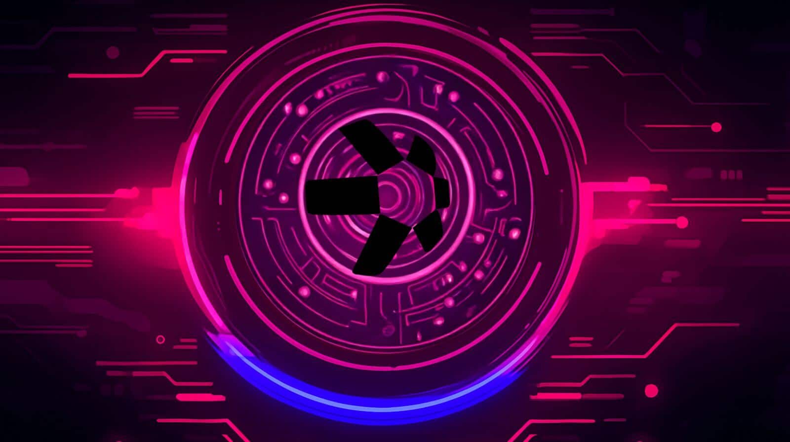 Digital artwork featuring the Quant (QNT] cryptocurrency logo at the center of a glowing pink and purple futuristic circuit design, symbolizing blockchain technology and decentralization.