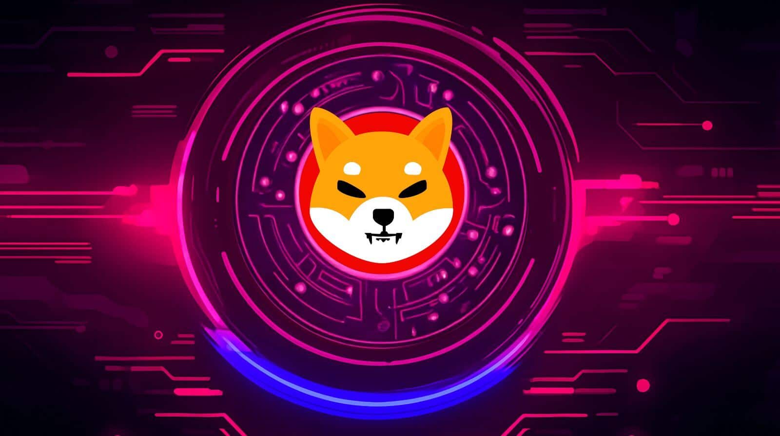 Neon digital artwork featuring the Shiba Inu (SHIB) cryptocurrency logo at the center of a glowing pink and blue futuristic circuit background.