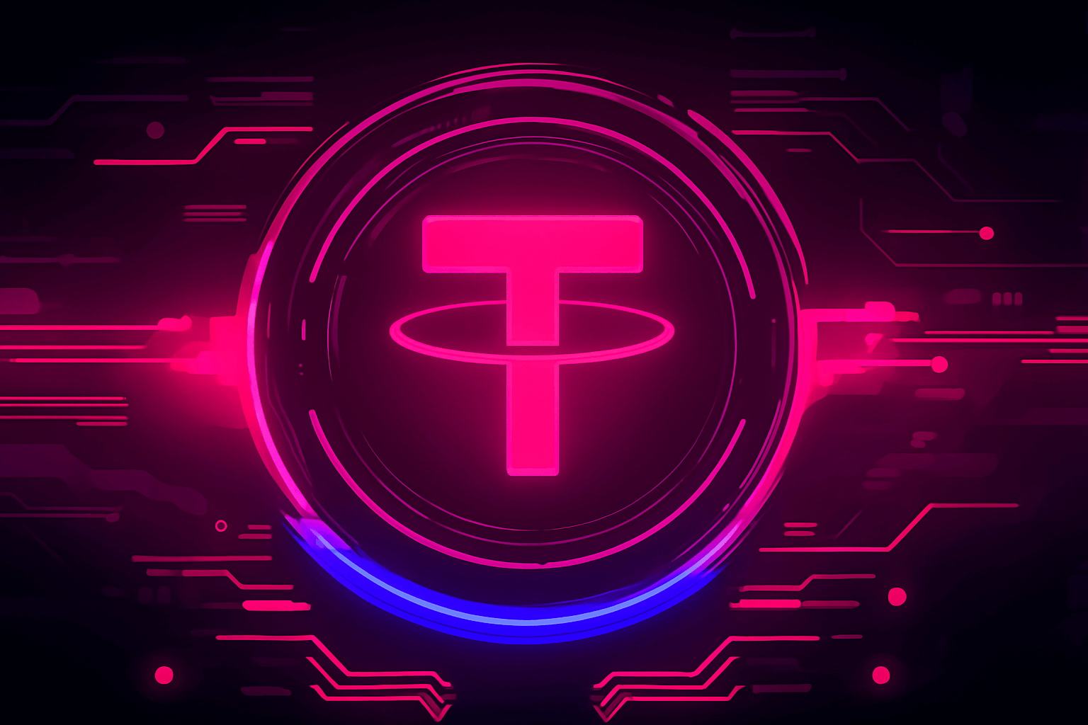 Futuristic neon cyberpunk illustration featuring the Tether logo in the center with glowing magenta and purple tones, surrounded by circular neon rings and circuit patterns. The Solana logo appears as a secondary glowing emblem, integrated into the digital background, symbolizing blockchain networks and cryptocurrency synergy.