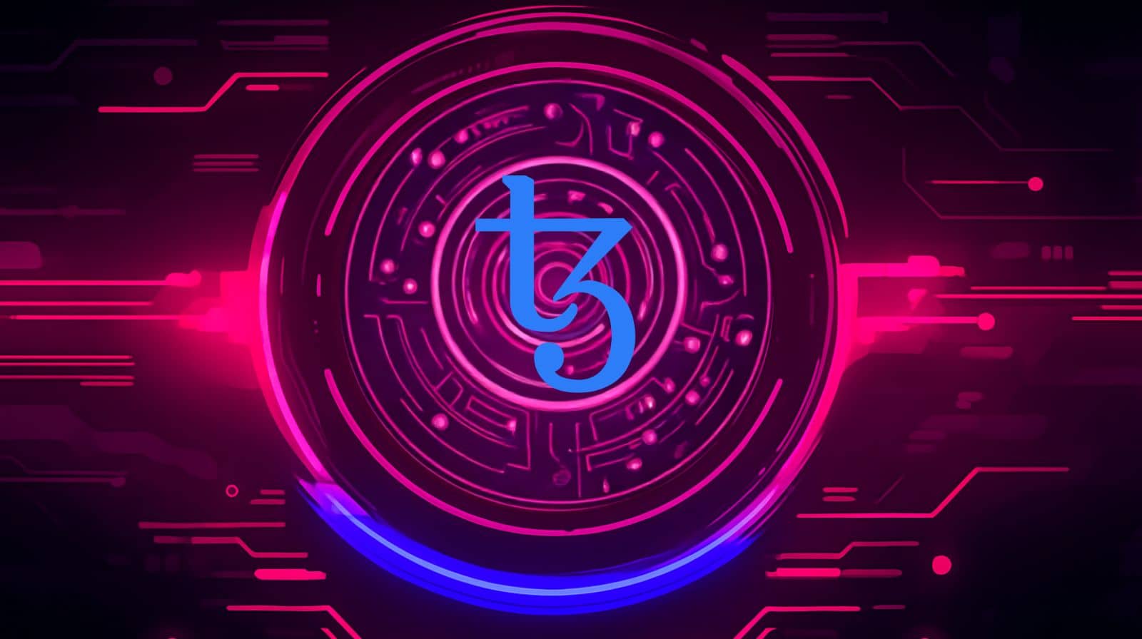 A digital illustration featuring the Tezos (XTZ) logo in the center of a glowing pink and blue futuristic circuit background.
