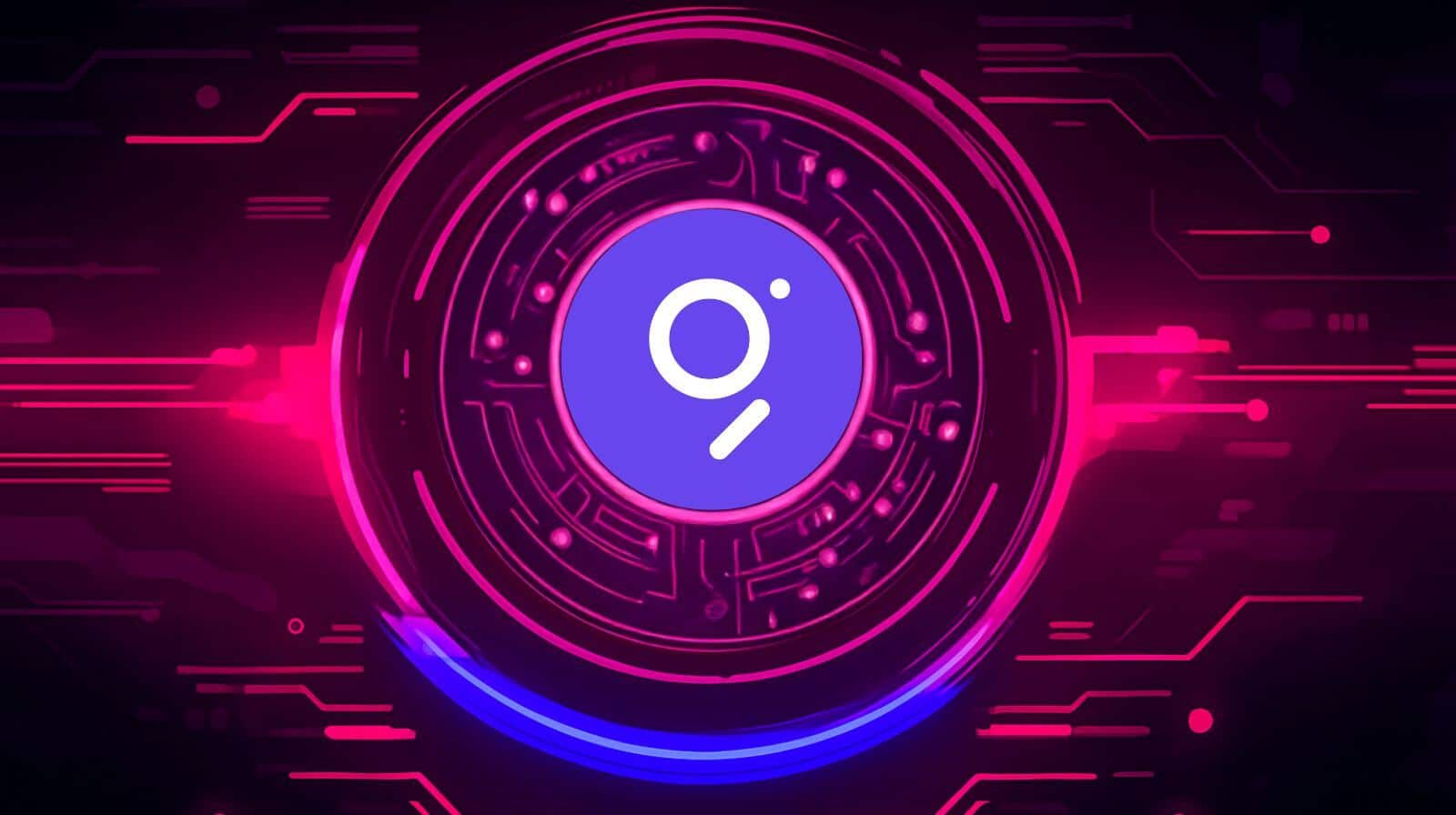 Digital artwork featuring The Graph (GRT) cryptocurrency logo in the center of a glowing futuristic circuit design with pink and blue neon lights on a dark background.