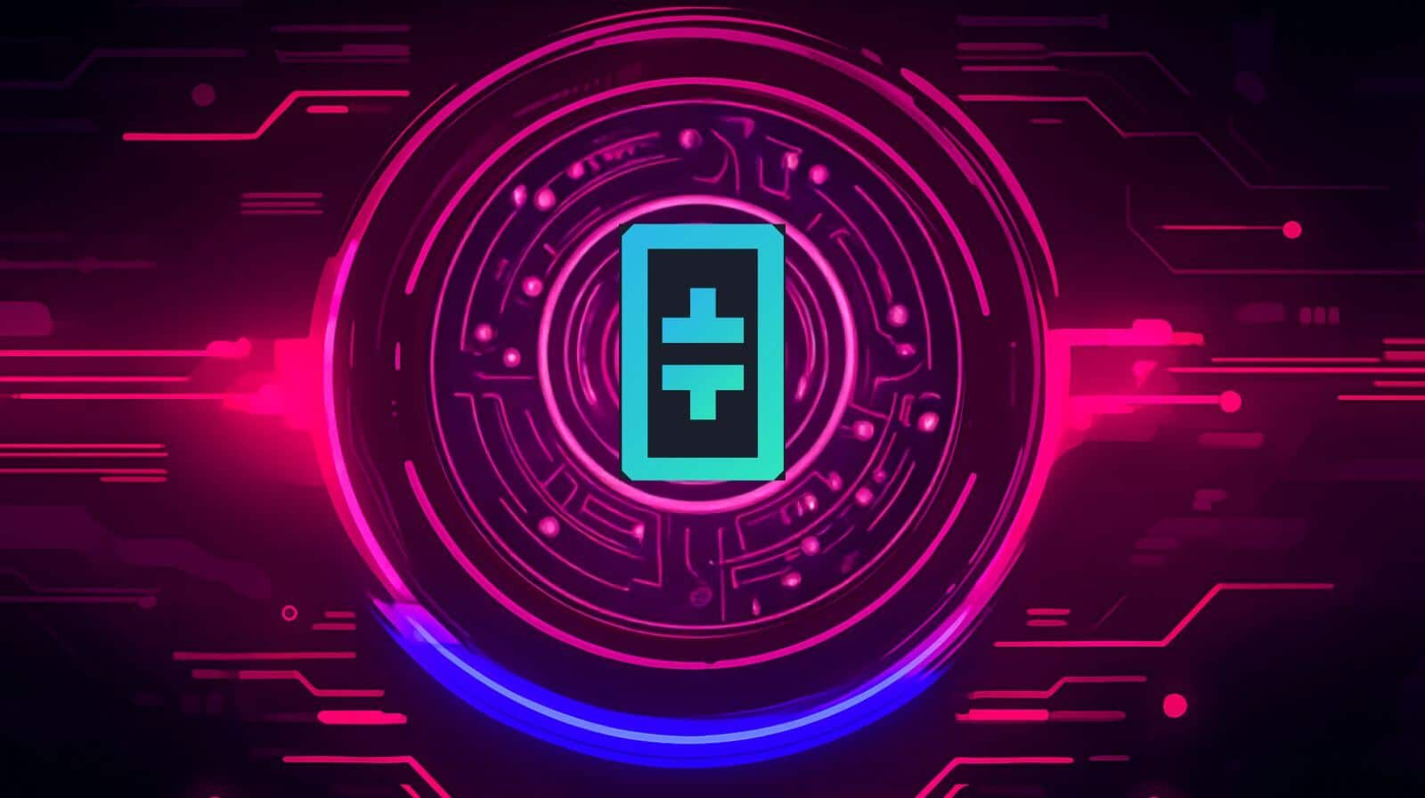 Digital artwork featuring the Theta Network (THETA) cryptocurrency logo in the center of a glowing futuristic circuit design with pink and blue neon lights on a dark background.