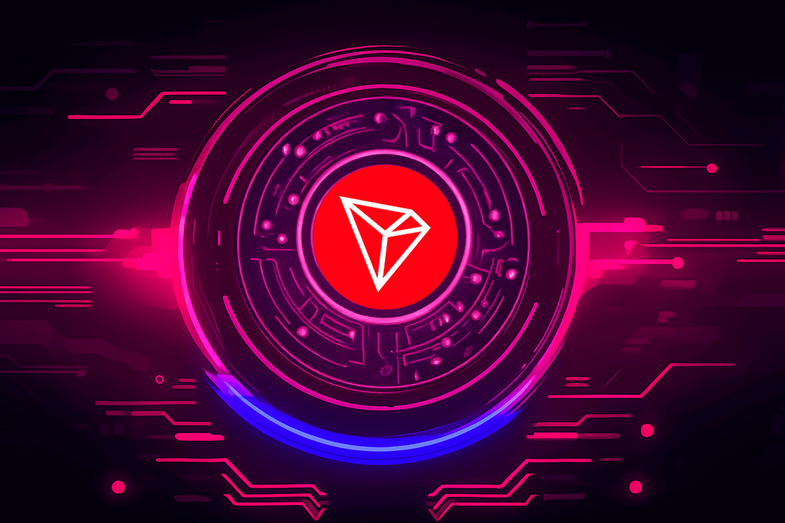 Futuristic neon illustration featuring the Tron (TRX) cryptocurrency logo inside a glowing red circle, surrounded by pink and blue digital circuit patterns.