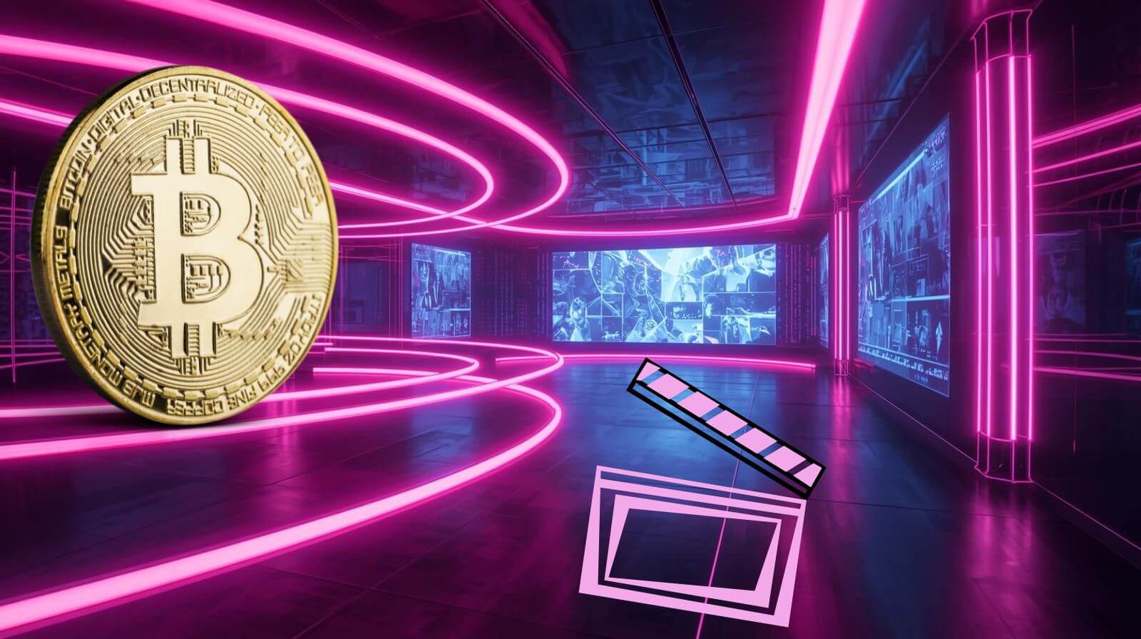 A large gold Bitcoin symbol and a stylized film clapperboard graphic appear inside a futuristic corridor illuminated with bright pink neon lights, with blue-toned digital screens lining the walls.