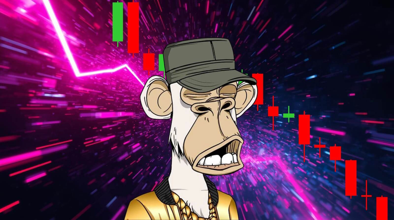 A digital illustration featuring a cartoon-style Bored Ape character wearing a hat and gold chain, set against a red-green candlestick chart showing a price drop and a neon pink-blue background.