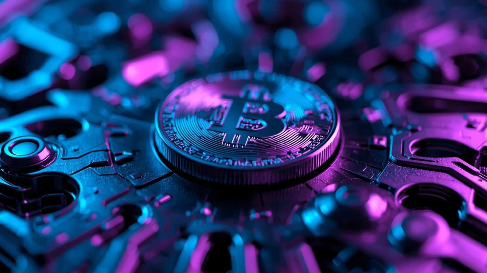 Close-up of a shiny Bitcoin coin placed on a futuristic circuit-like surface, highlighted with neon blue and purple lights, symbolizing the scarcity and limited supply of cryptocurrency.
