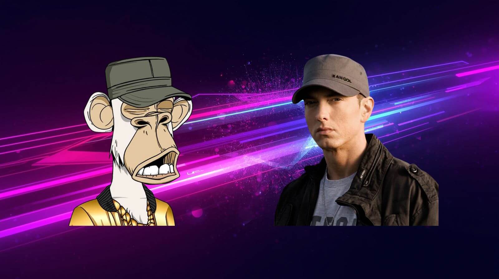 Image showing a Bored Ape Yacht Club–style cartoon ape on the left wearing a hat and gold chain, next to a real person on the right wearing a gray cap and dark jacket, set against a neon pink and blue futuristic background.