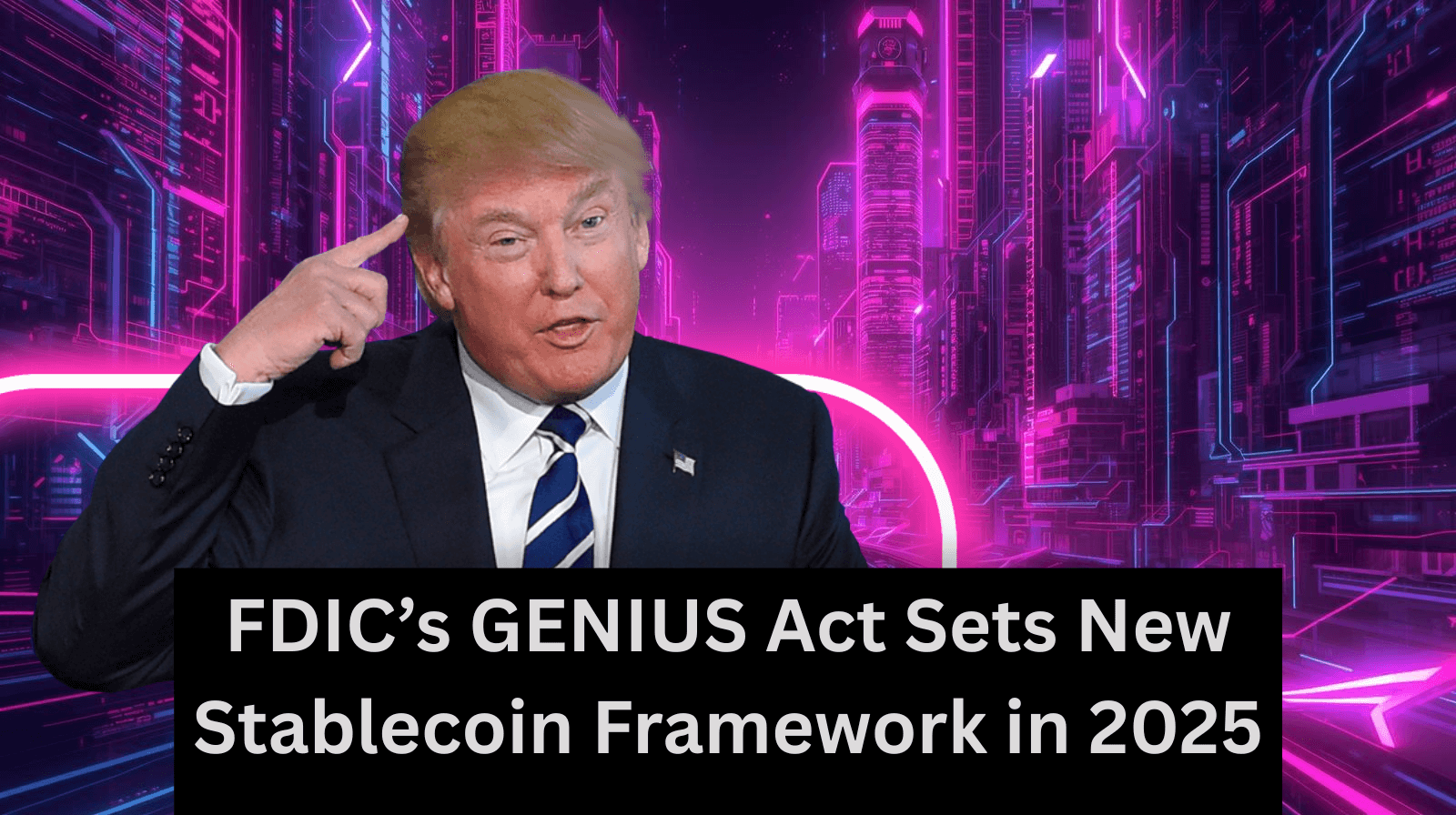 A stylized illustration of Donald Trump pointing to his head in a futuristic digital city, with text stating “FDIC’s GENIUS Act Sets New Stablecoin Framework in 2025,” representing U.S. stablecoin regulation, crypto legislation, and financial policy changes.
