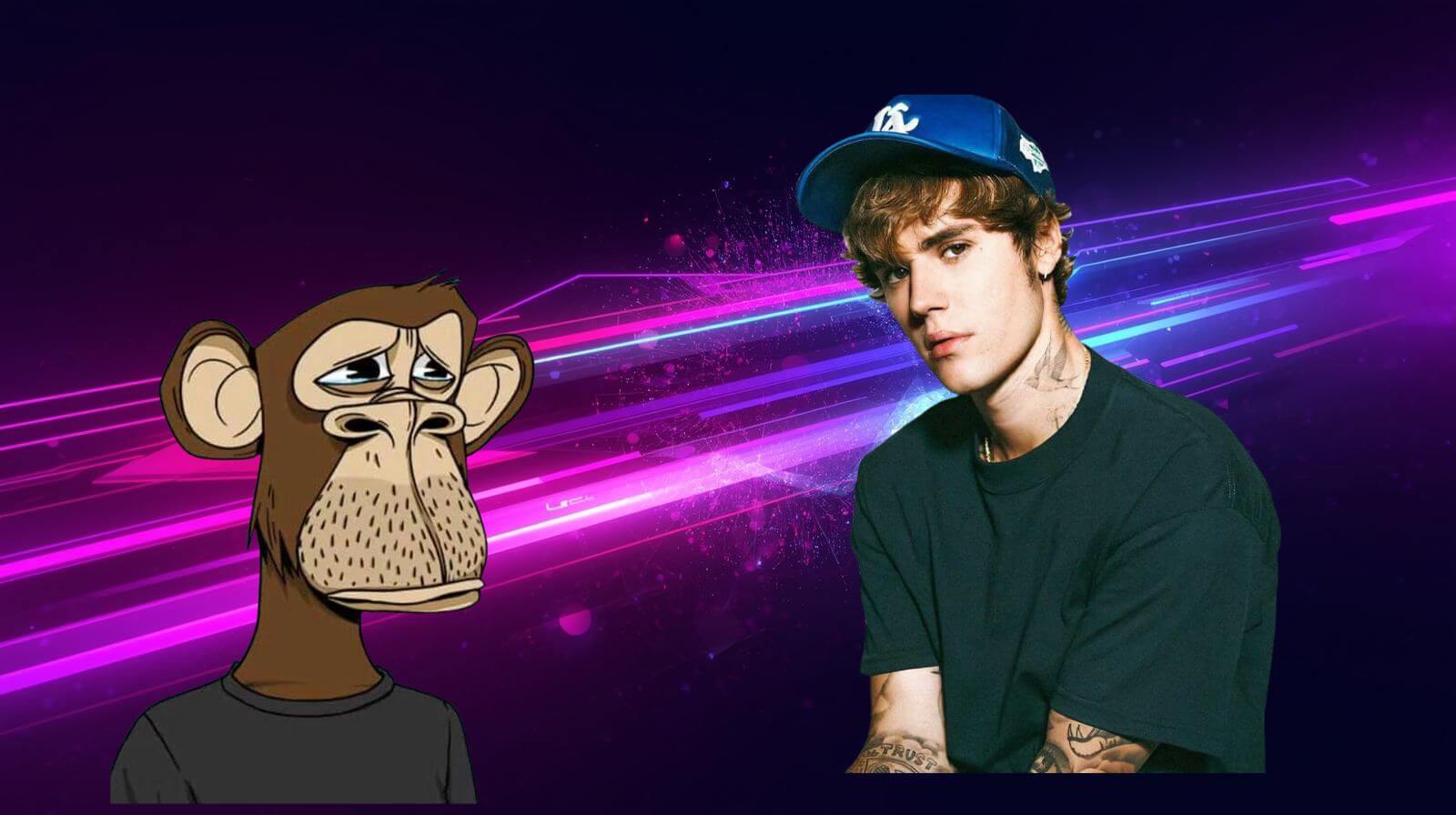 Image featuring a cartoon Bored Ape character with a sad expression on the left, and a real person wearing a blue cap and black shirt on the right, set against a neon pink and blue futuristic background.