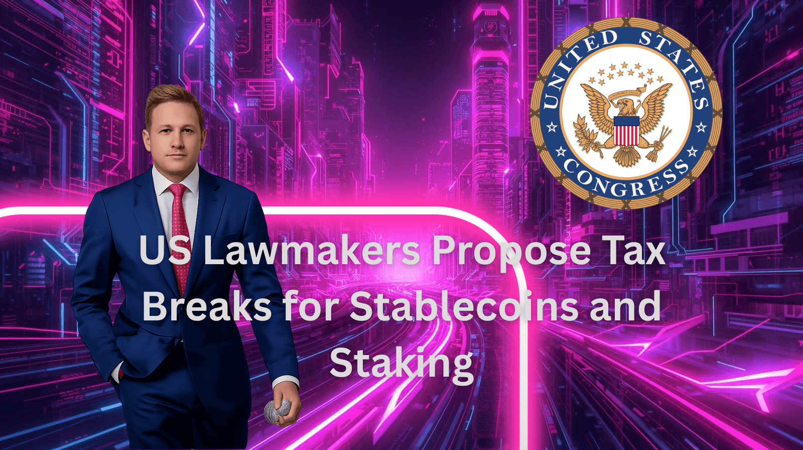 A futuristic city backdrop featuring a man in a blue suit, the U.S. Congress seal, and text reading “US Lawmakers Propose Tax Breaks for Stablecoins and Staking,” symbolizing proposed crypto tax incentives, staking regulations, and U.S. legislative action.