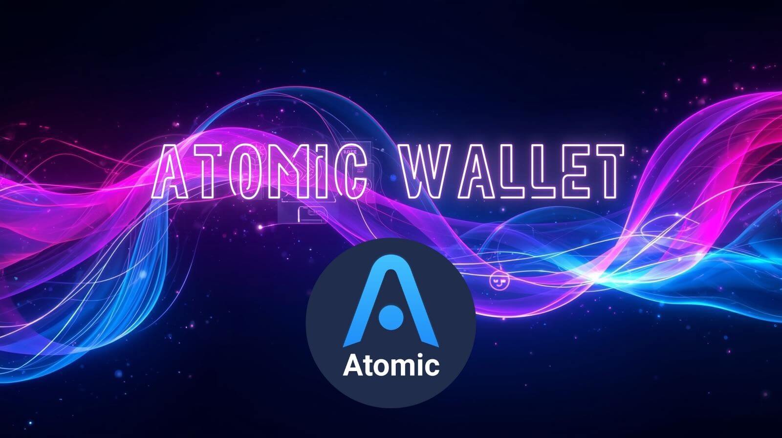 The Atomic Wallet logo shown against a glowing neon blue and pink digital background, with the text “Atomic Wallet” illuminated above it.