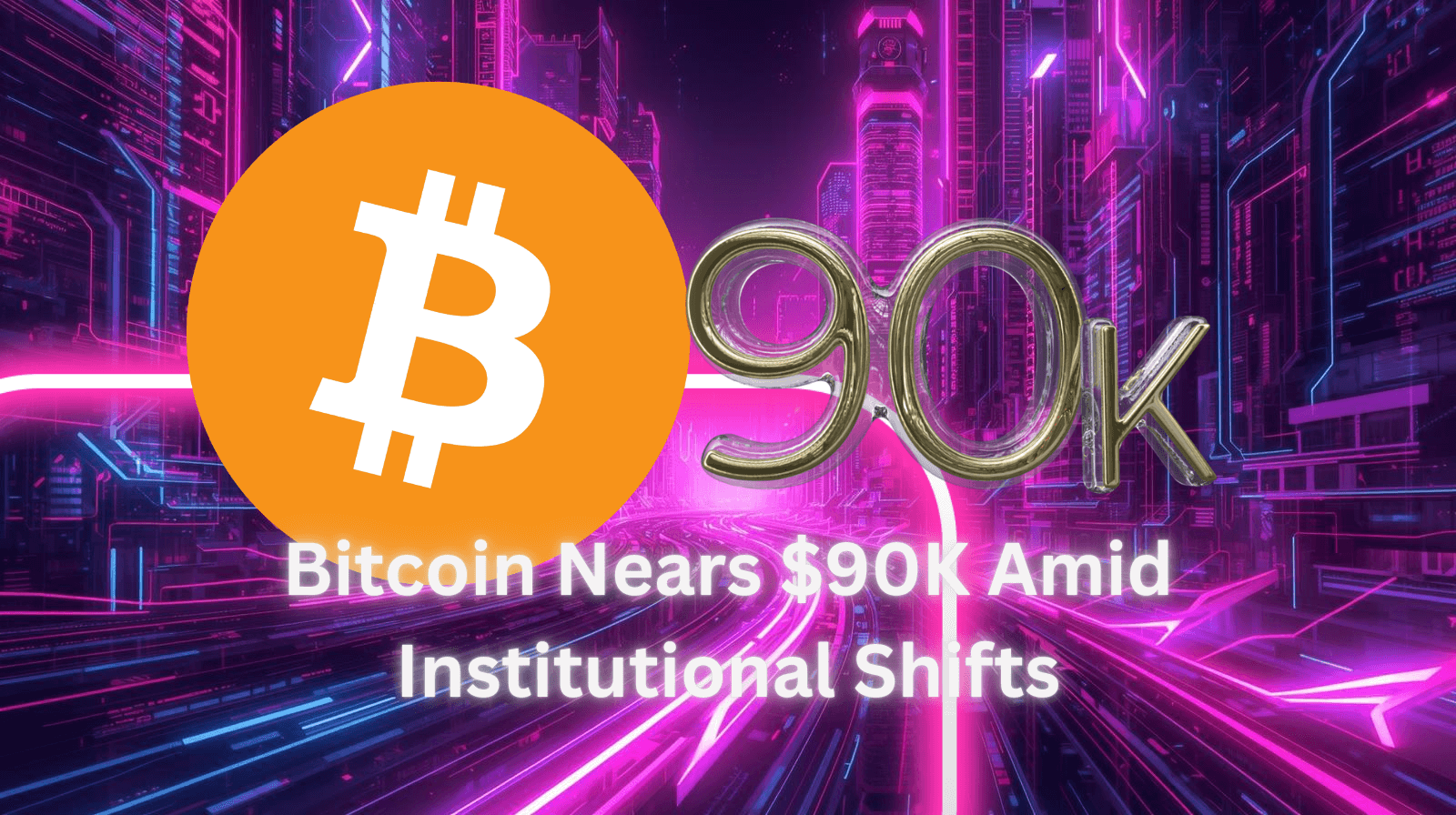 Bitcoin logo with “90K” text representing Bitcoin nearing $90,000 amid institutional investment growth.