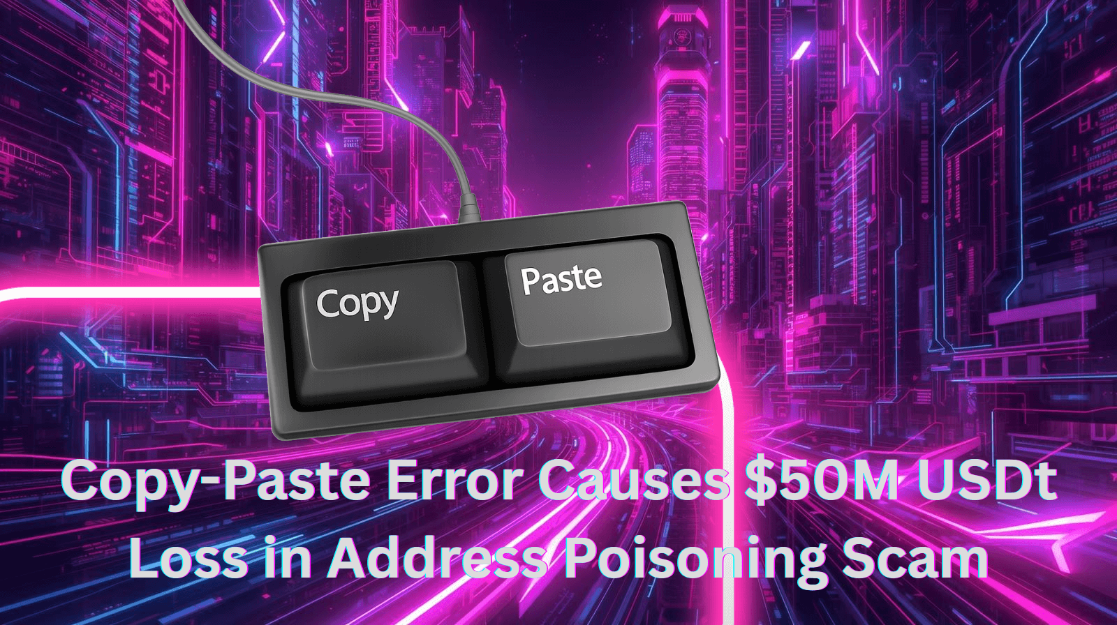 A futuristic neon city background featuring a “Copy” and “Paste” keyboard device, with text reading “Copy-Paste Error Causes $50M USDT Loss in Address Poisoning Scam,” illustrating a major crypto scam involving USDT, address poisoning attacks, and wallet security mistakes.