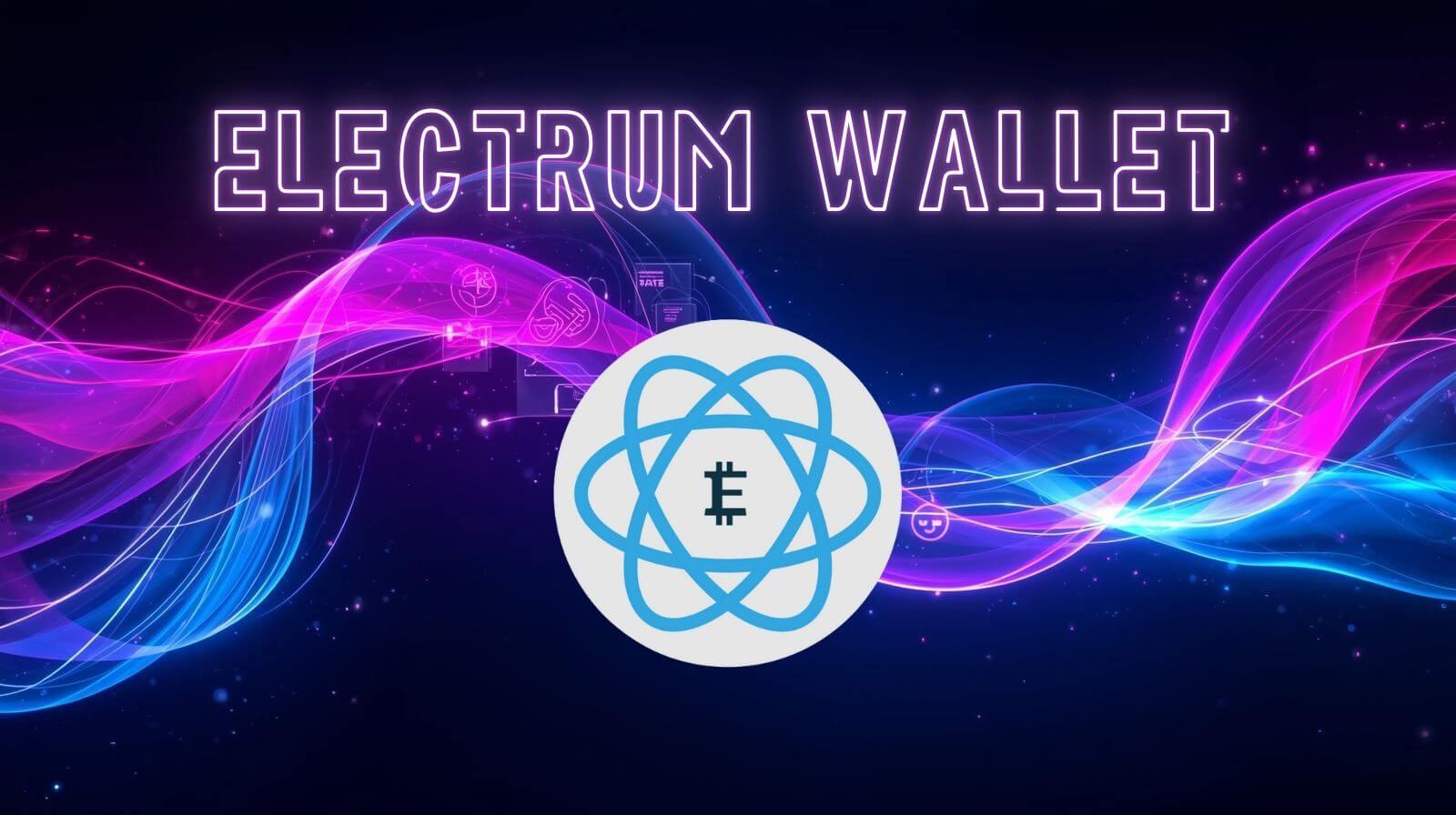Electrum Wallet graphic featuring neon pink and blue wave designs with the Atomic logo in the center.