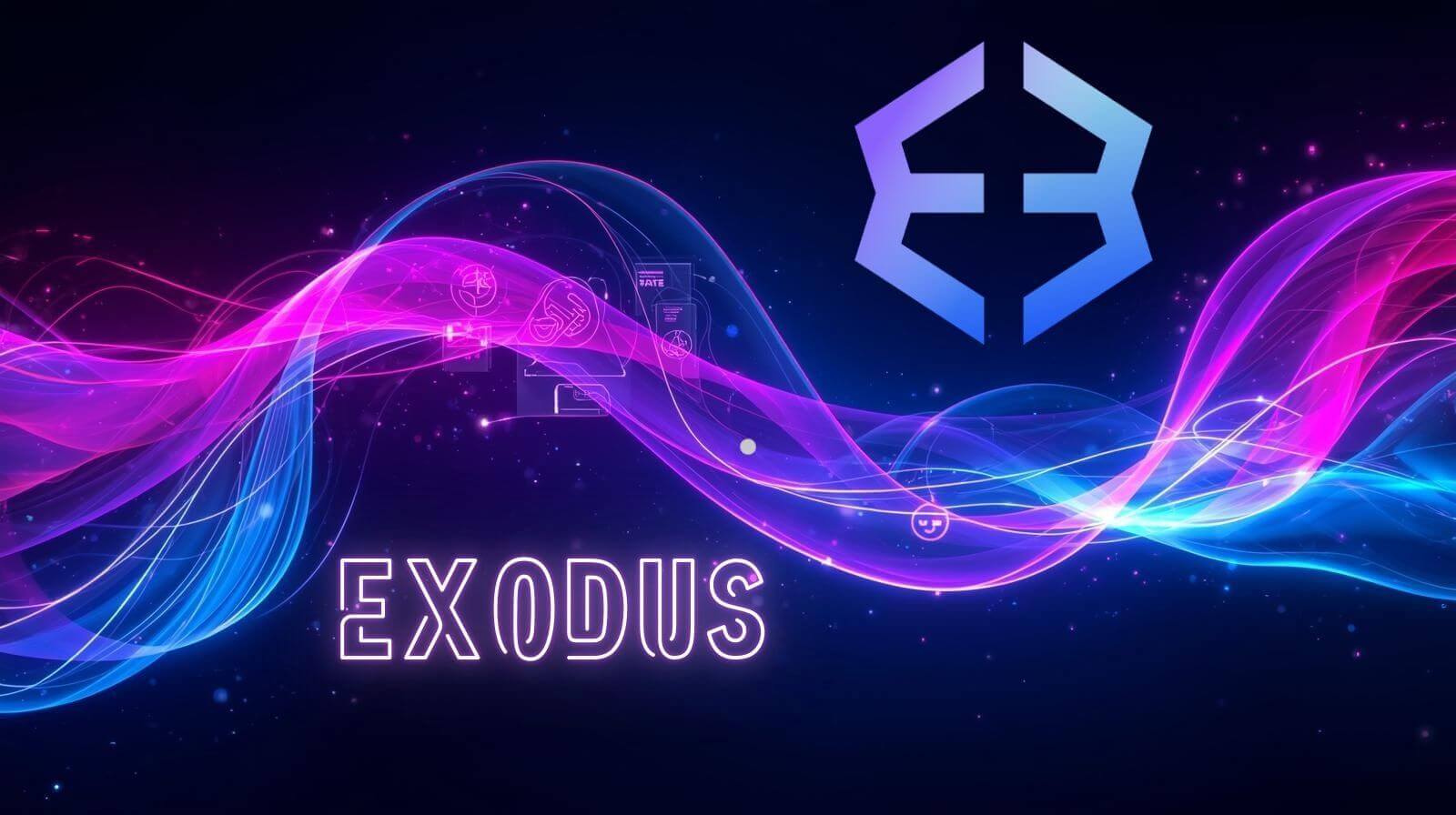 The Exodus wallet logo displayed on a neon blue and pink digital background, with the word “Exodus” glowing below it.