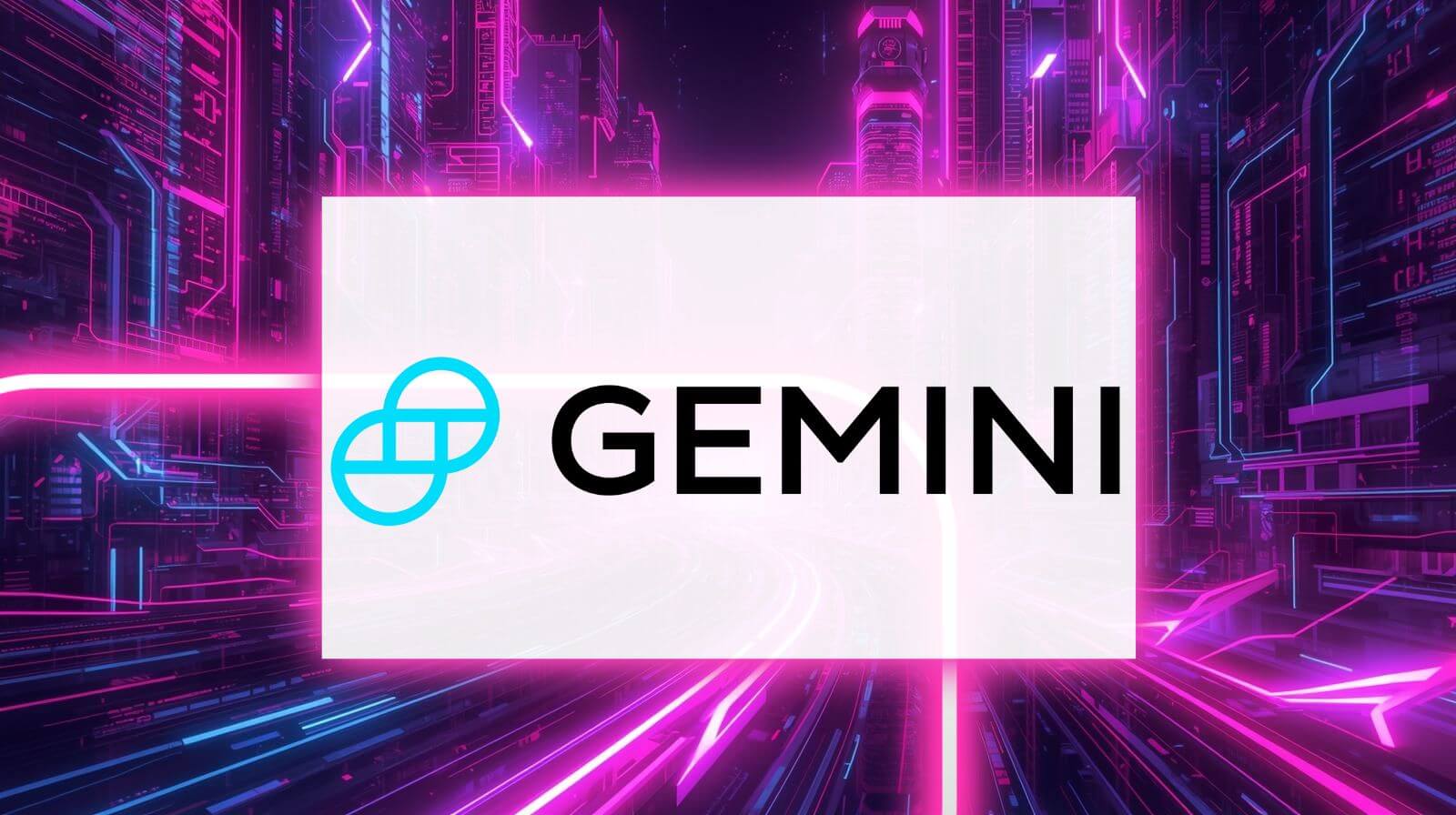 Gemini crypto exchange logo on a futuristic digital city background representing secure cryptocurrency trading