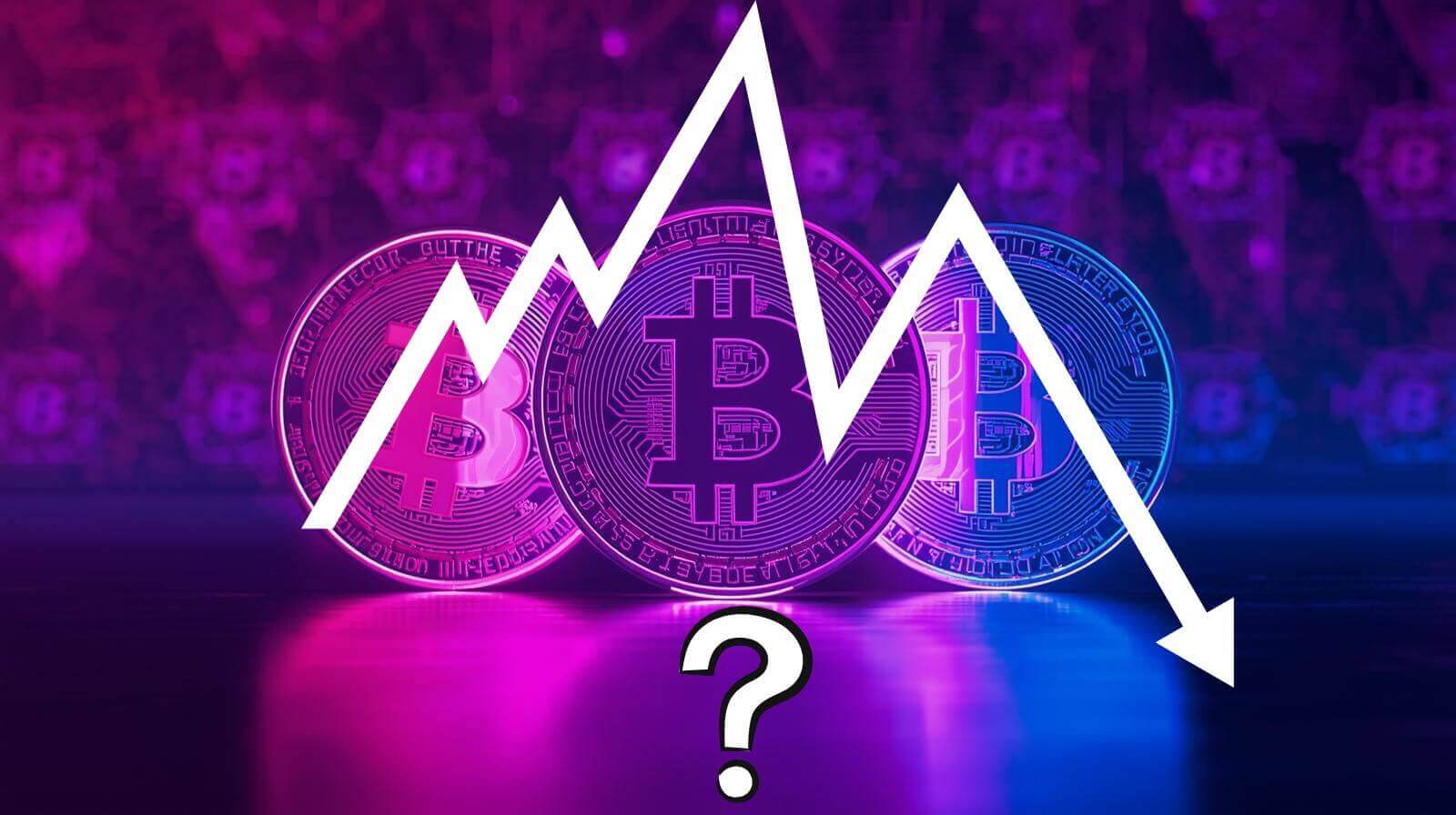 Three glowing Bitcoin symbols in pink and blue tones with a white zigzag line showing a sharp downward trend, ending in a downward arrow, and a question mark beneath.
