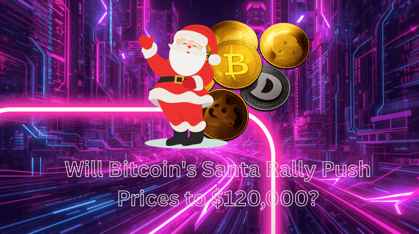 A festive illustration showing Santa Claus next to Bitcoin, Ethereum, and Dogecoin coins in a futuristic city, with text asking “Will Bitcoin’s Santa Rally Push Prices to $120,000?”, symbolizing seasonal Bitcoin rallies and crypto market optimism.