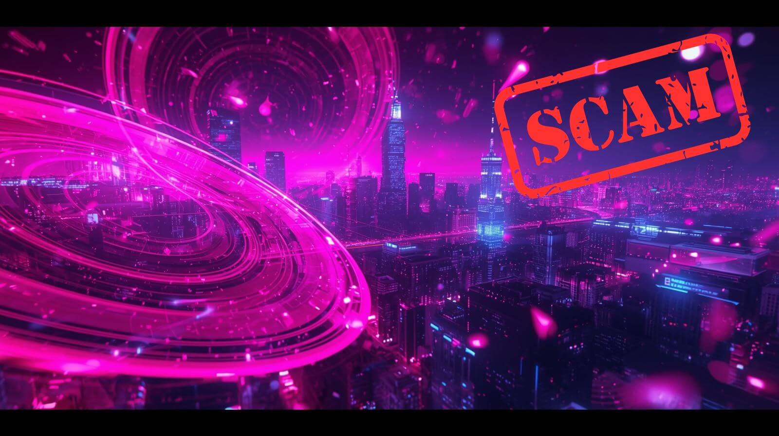 A neon-pink futuristic cityscape with swirling digital light trails above the skyline, overlaid with a large red “SCAM” stamp across the right side of the image.