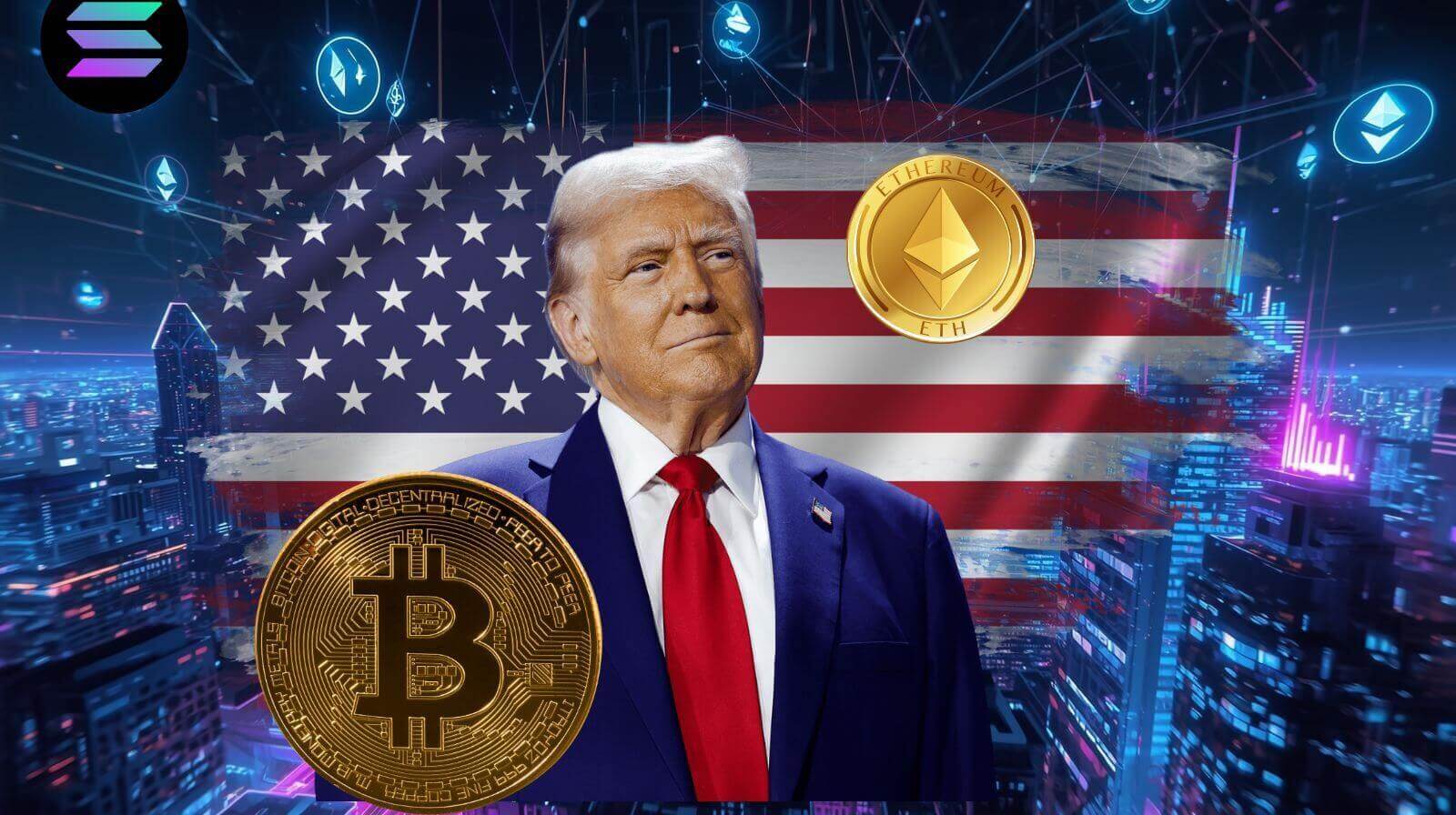 A digital collage featuring President Donald Trump standing in front of a slightly transparent American flag, superimposed over a futuristic cityscape. Floating around him are large, stylized golden coins representing Bitcoin and Ethereum, with other cryptocurrency logos like Solana visible in the background.