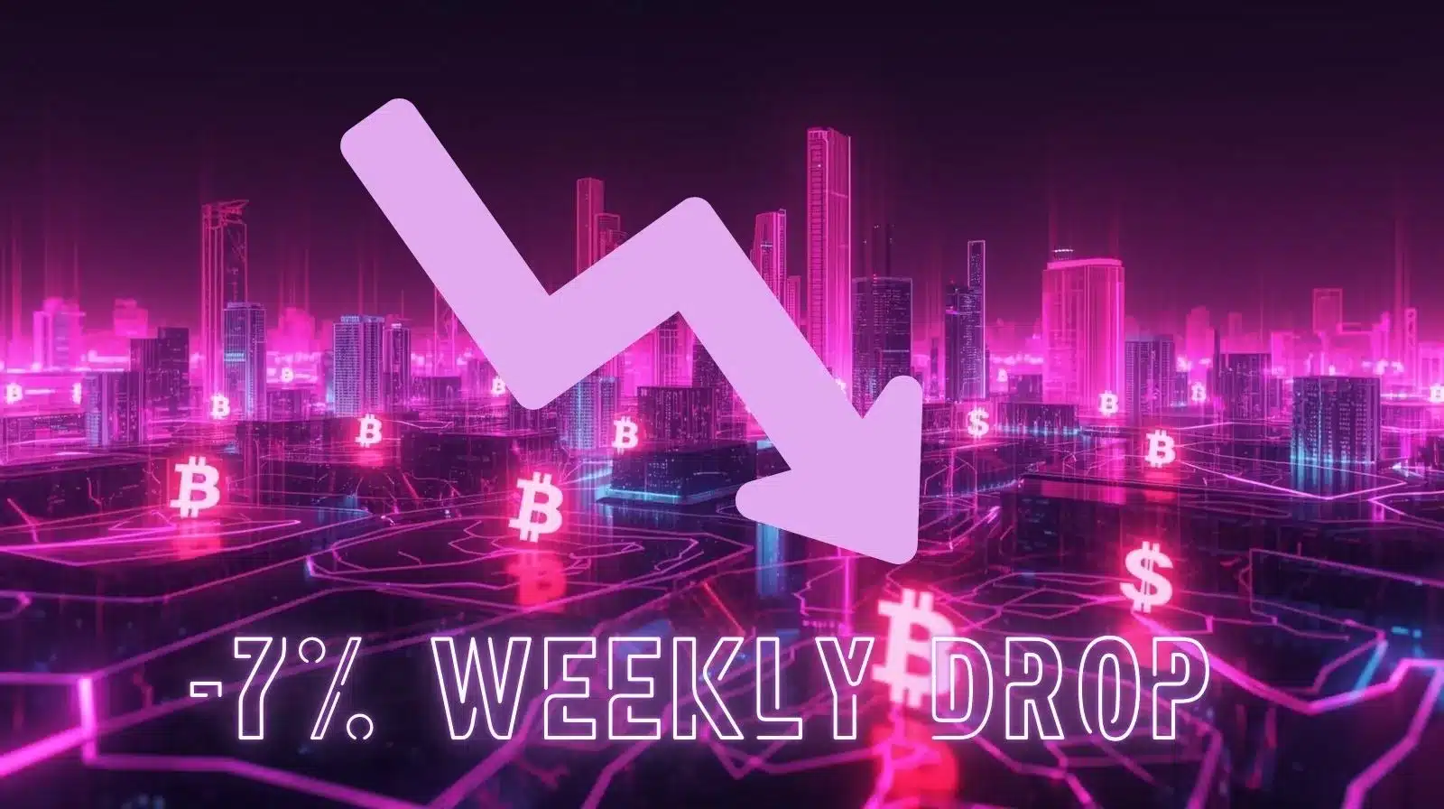 Neon-toned digital cityscape with Bitcoin symbols and a downward arrow, illustrating a 7% weekly decline in the cryptocurrency market.