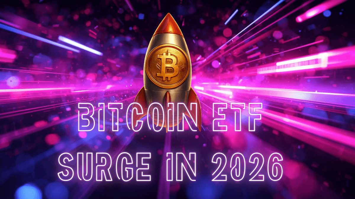 Stylized illustration of a rocket shaped like a Bitcoin coin blasting upward through a neon purple and pink futuristic background, with glowing text reading ‘Bitcoin ETF Surge in 2026,’ symbolizing rapid growth in Bitcoin ETFs.