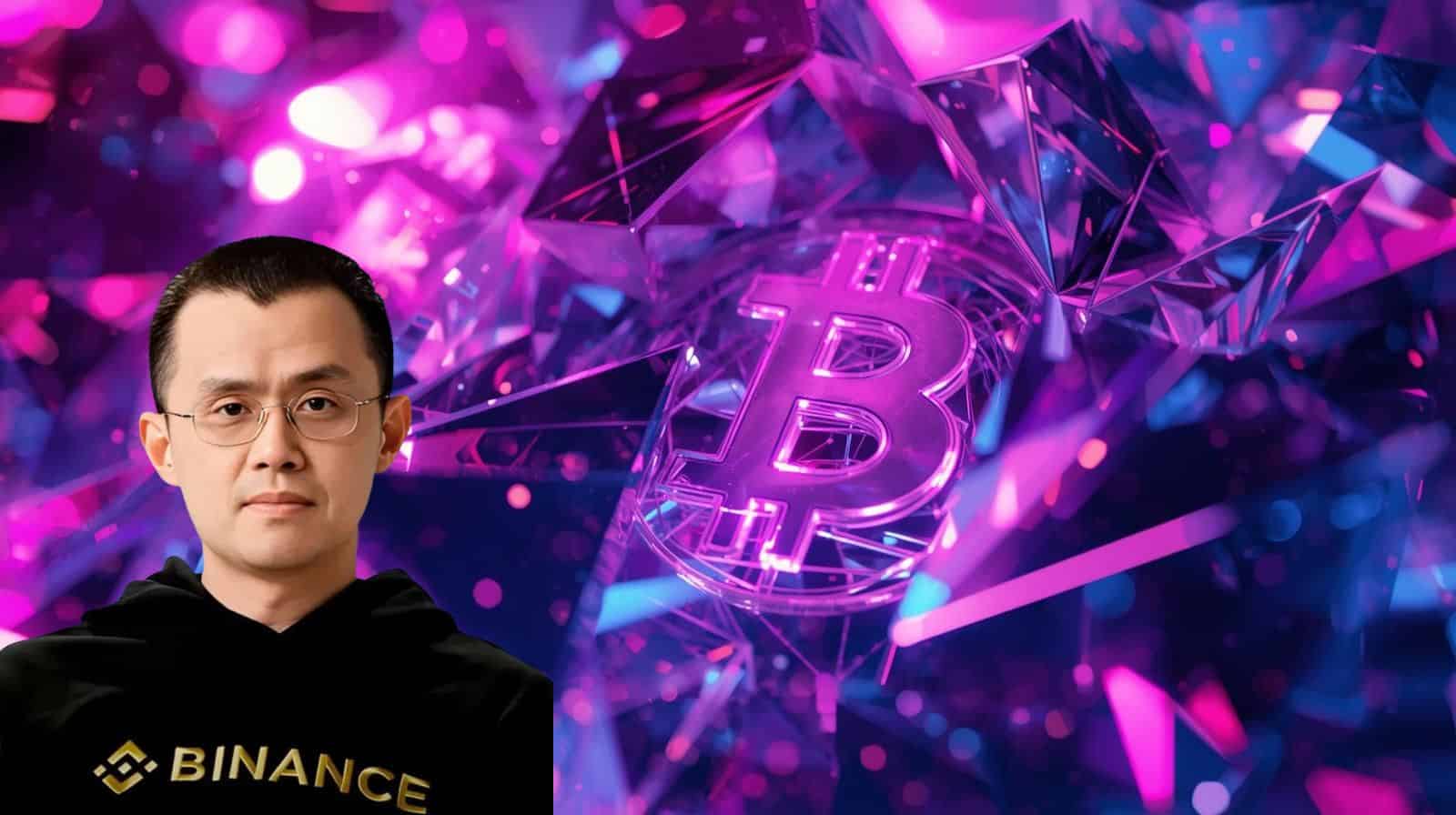 A crypto executive wearing a Binance hoodie stands in front of a glowing digital Bitcoin symbol and abstract purple blockchain graphics, representing leadership change and market optimism.