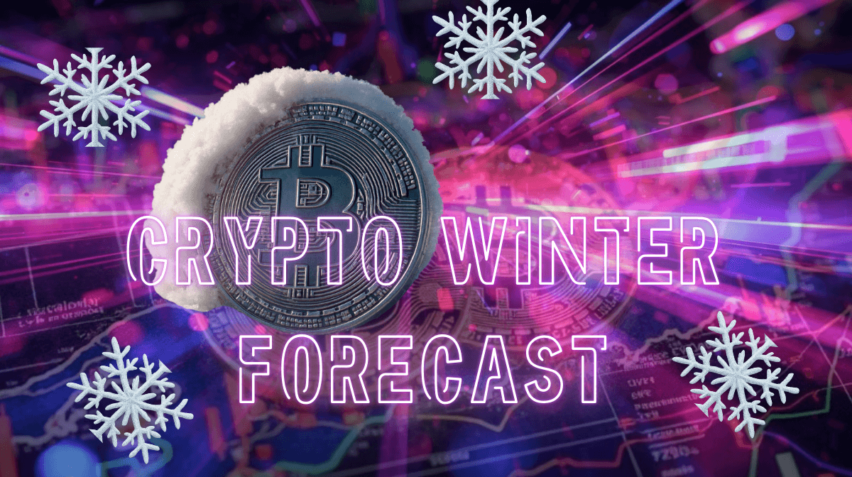 A winter-themed cryptocurrency graphic showing a Bitcoinbitcoin coin partially covered in snow, surrounded by snowflakes and a colorful digital market background. Large neon text reads ‘Crypto Winter Forecast.