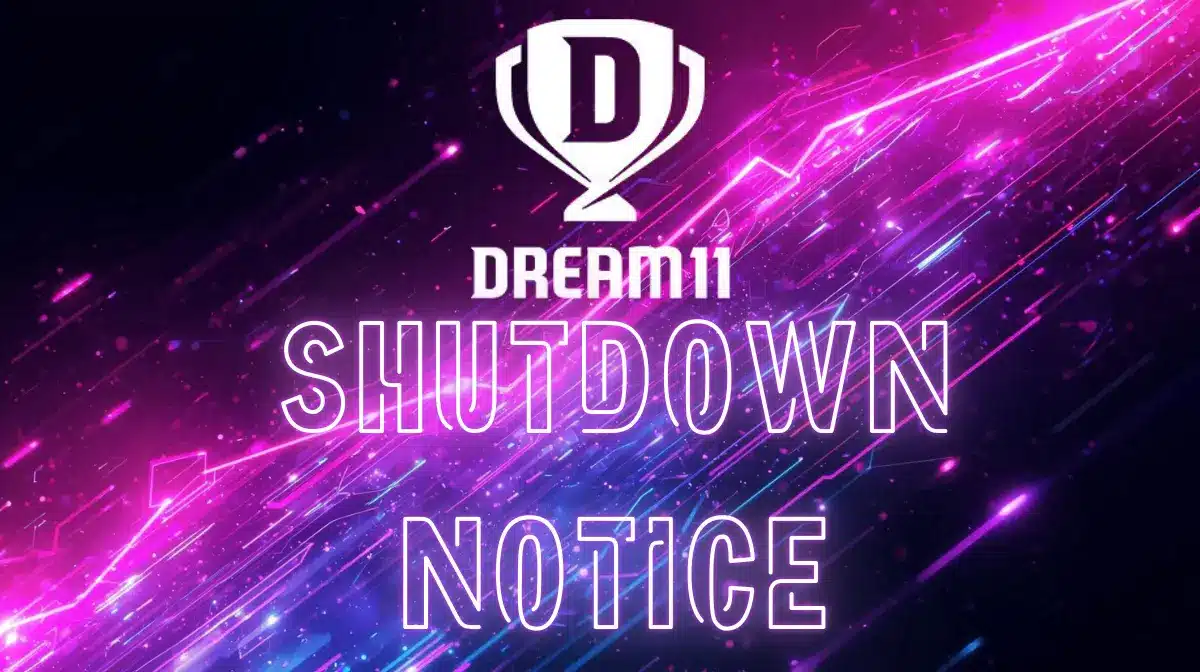 Dream11 Shutdown Notice graphic with a trophy logo on a purple and pink neon background.