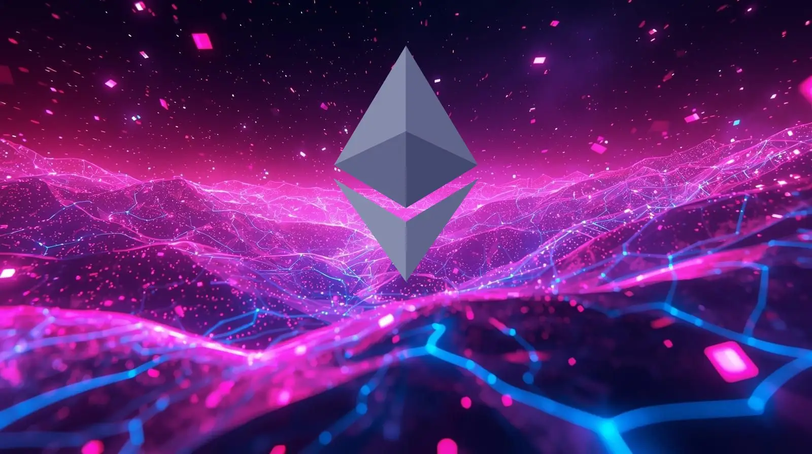 A glowing Ethereum logo floats above a futuristic digital landscape of pink and blue blockchain-style waves, symbolizing growth and innovation in the Ethereum network.