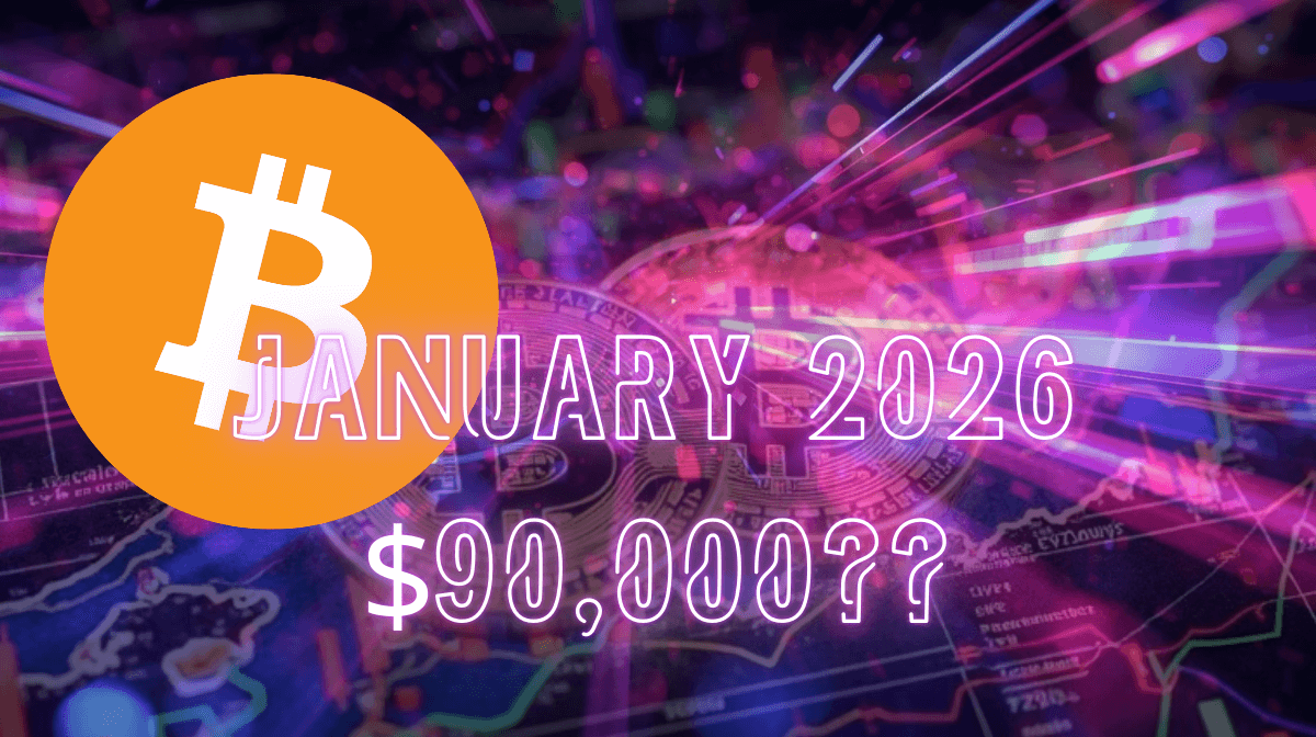 A neon-style cryptocurrency graphic featuring a large Bitcoin logo over a futuristic digital background. Text on the image reads ‘January 2026’ and ‘$90,000??’, suggesting a speculative Bitcoin price prediction.