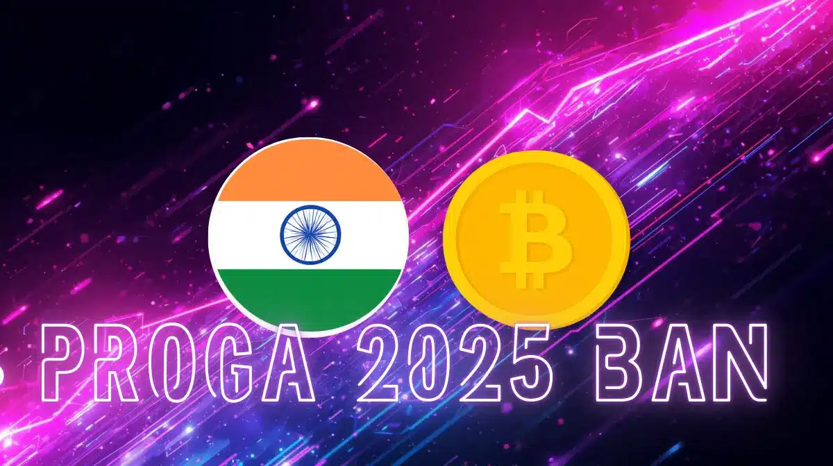 Visual announcing “PROGA 2025 BAN” featuring the Indian flag and a Bitcoin symbol on a vibrant purple and pink background.