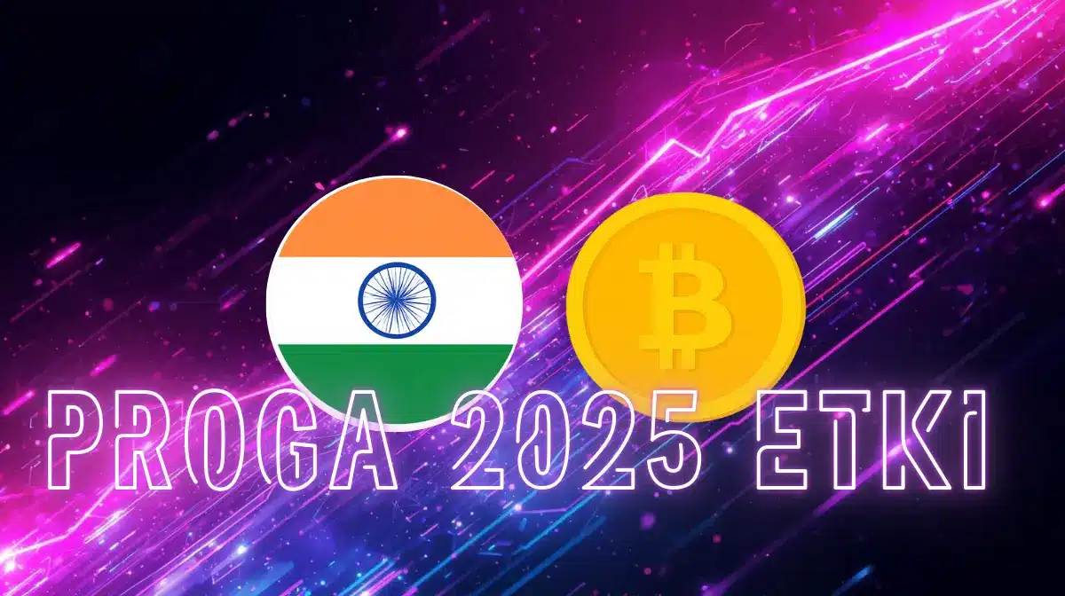 Neon mor arka plan üzerinde Hindistan bayrağı ve Bitcoin simgesi ile “PROGA 2025 ETKİ” yazısını gösteren grafik.