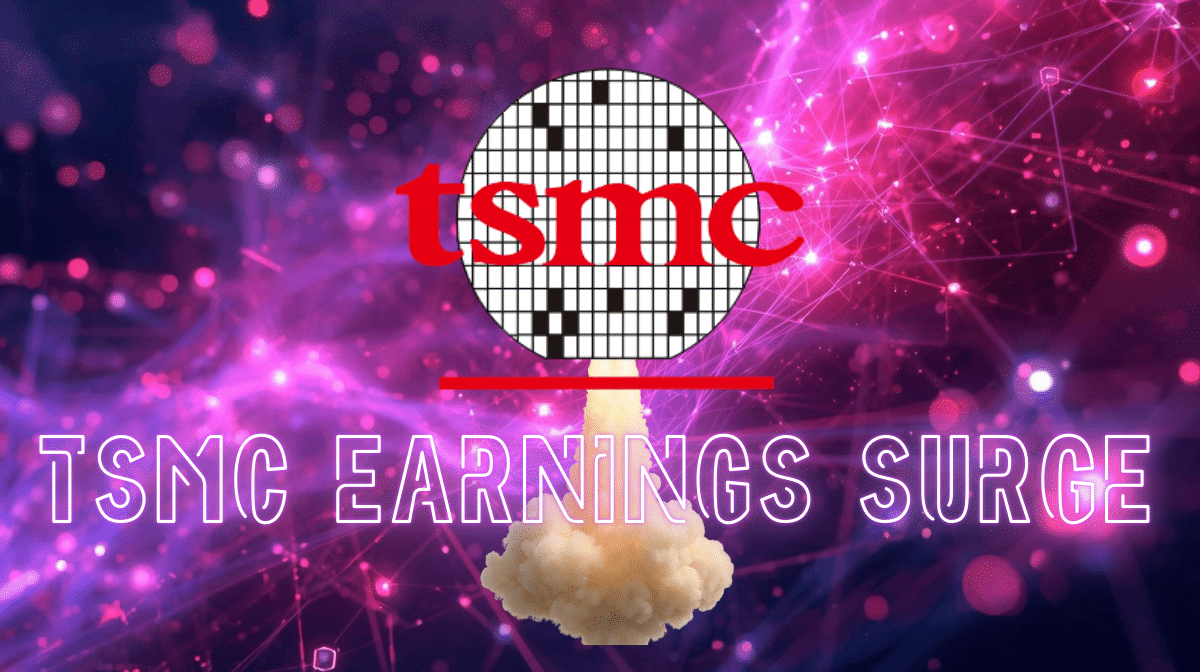 TSMC logo over a silicon wafer illustrated as a rocket launch, representing strong financial momentum. Text reads ‘TSMC Earnings Surge’ on a futuristic purple technology background