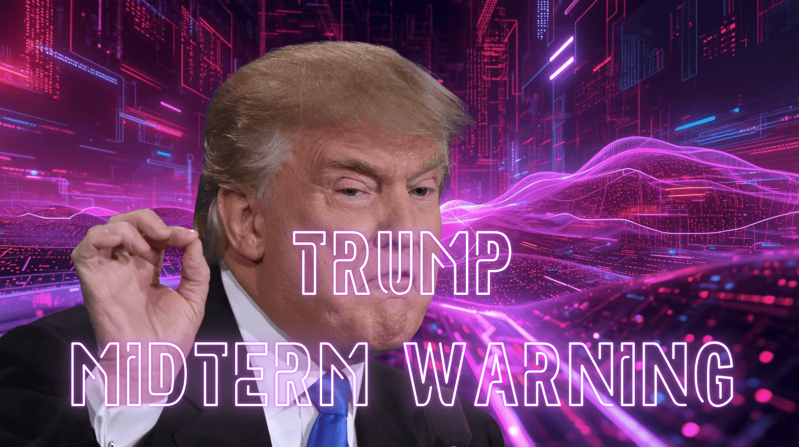 Editorial graphic featuring Donald Trump against a futuristic digital backdrop, with the headline “Trump Midterm Warning” highlighting concerns over his political influence.