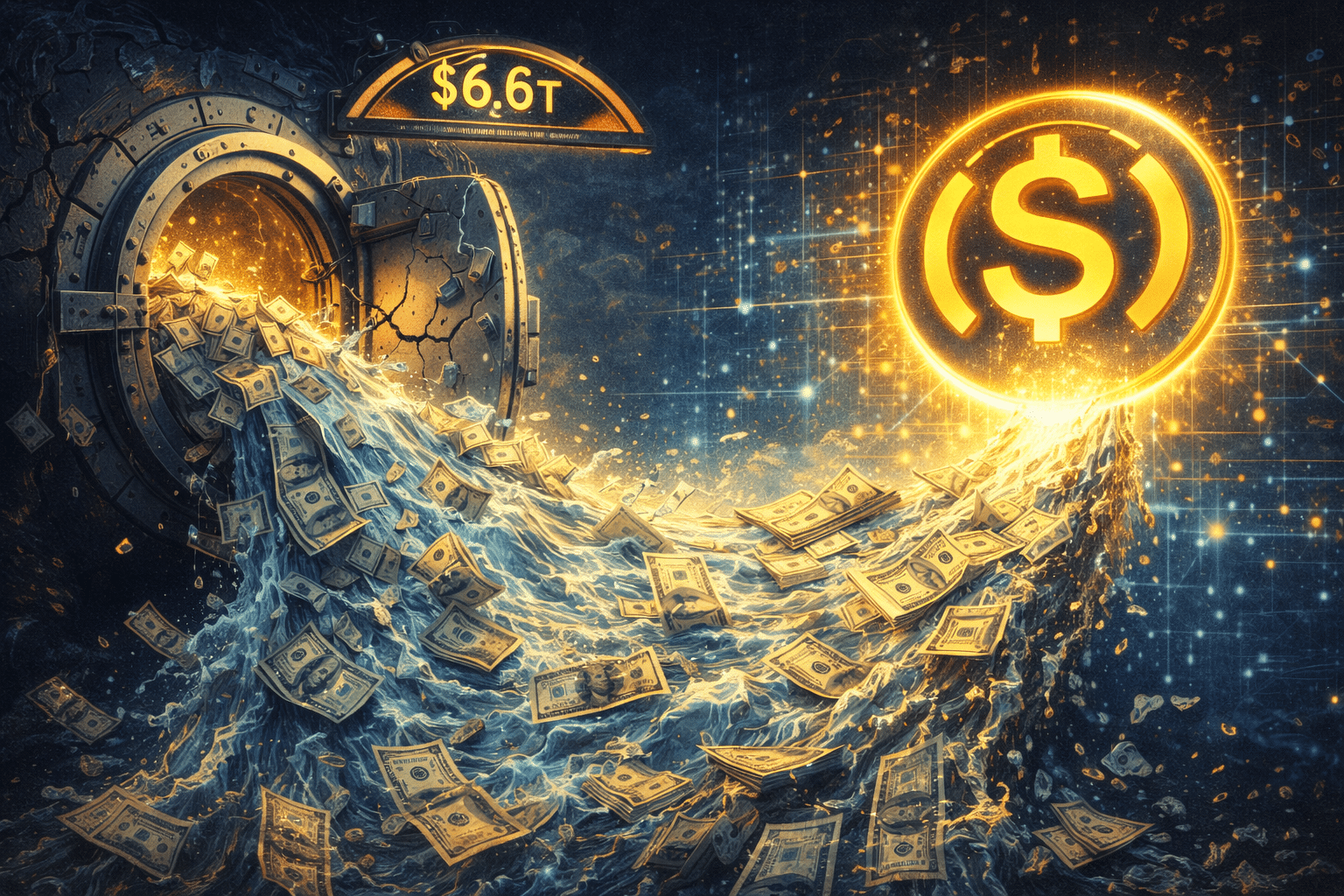 Dramatic illustration of U.S. dollars flowing like water from a cracked traditional bank vault toward a glowing digital stablecoin, with a “$6.6T” indicator highlighting the scale of the shift.