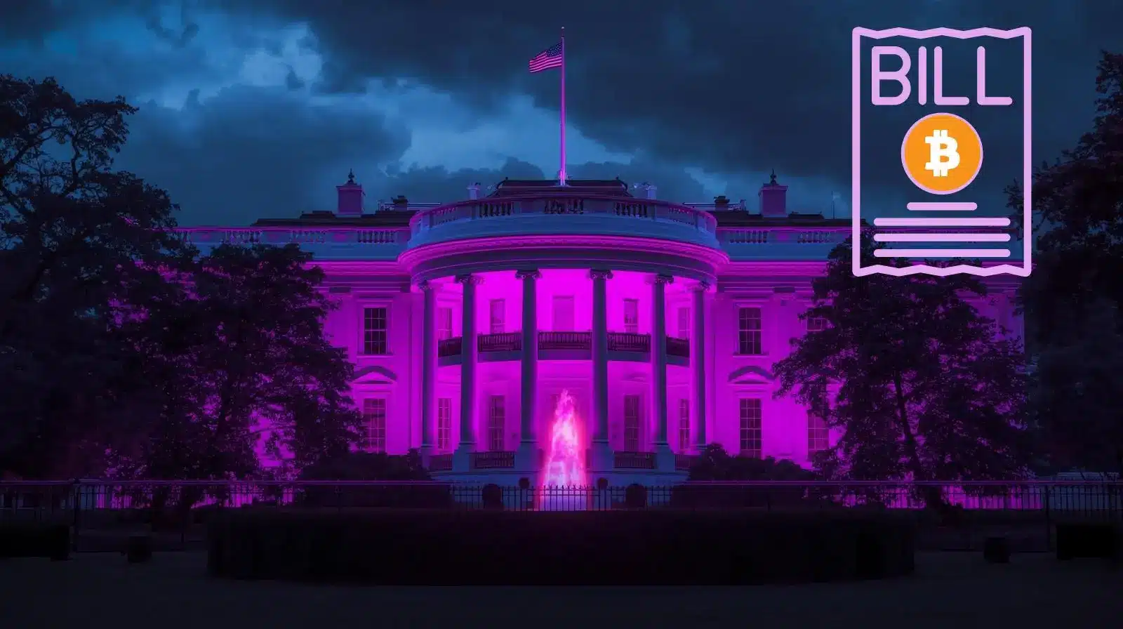Stylized nighttime image of the White House illuminated in purple light, with a glowing fountain in front and a neon icon of a bill featuring the Bitcoin symbol in the upper right, representing cryptocurrency legislation.