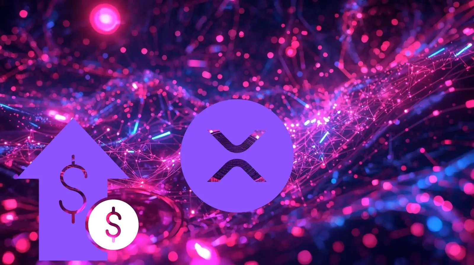 An abstract digital background with glowing pink and purple network lines, featuring the XRP logo alongside an upward arrow and dollar symbols, representing cryptocurrency growth and investment potential.